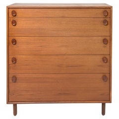 Unique Simple Clean Danish Modern 5 Drawer Dresser with carved teak pulls