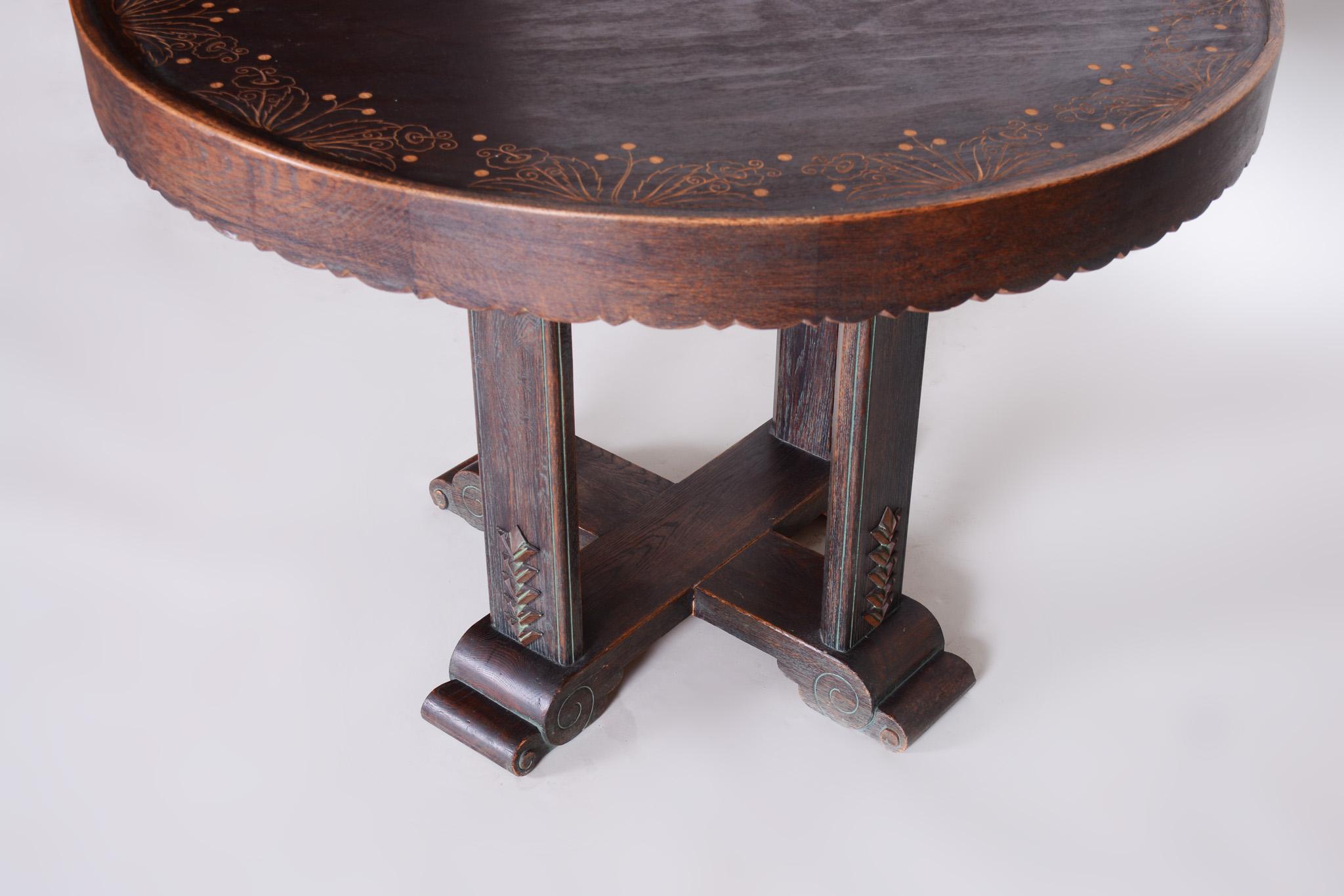 20th Century Unique Small Czech Oak Art Deco Round Table, Well preserved Condition, 1920s