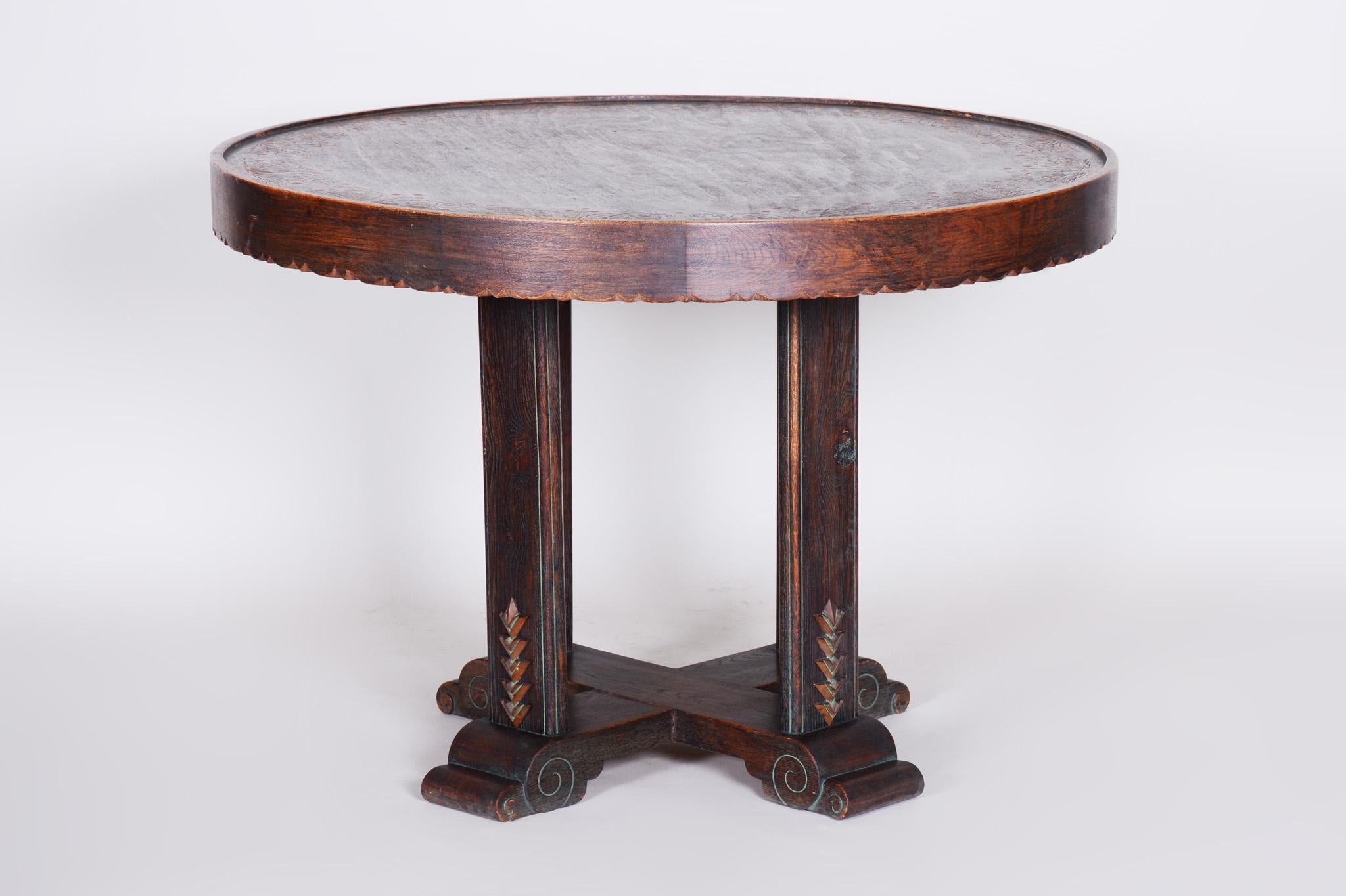 Wood Unique Small Czech Oak Art Deco Round Table, Well preserved Condition, 1920s