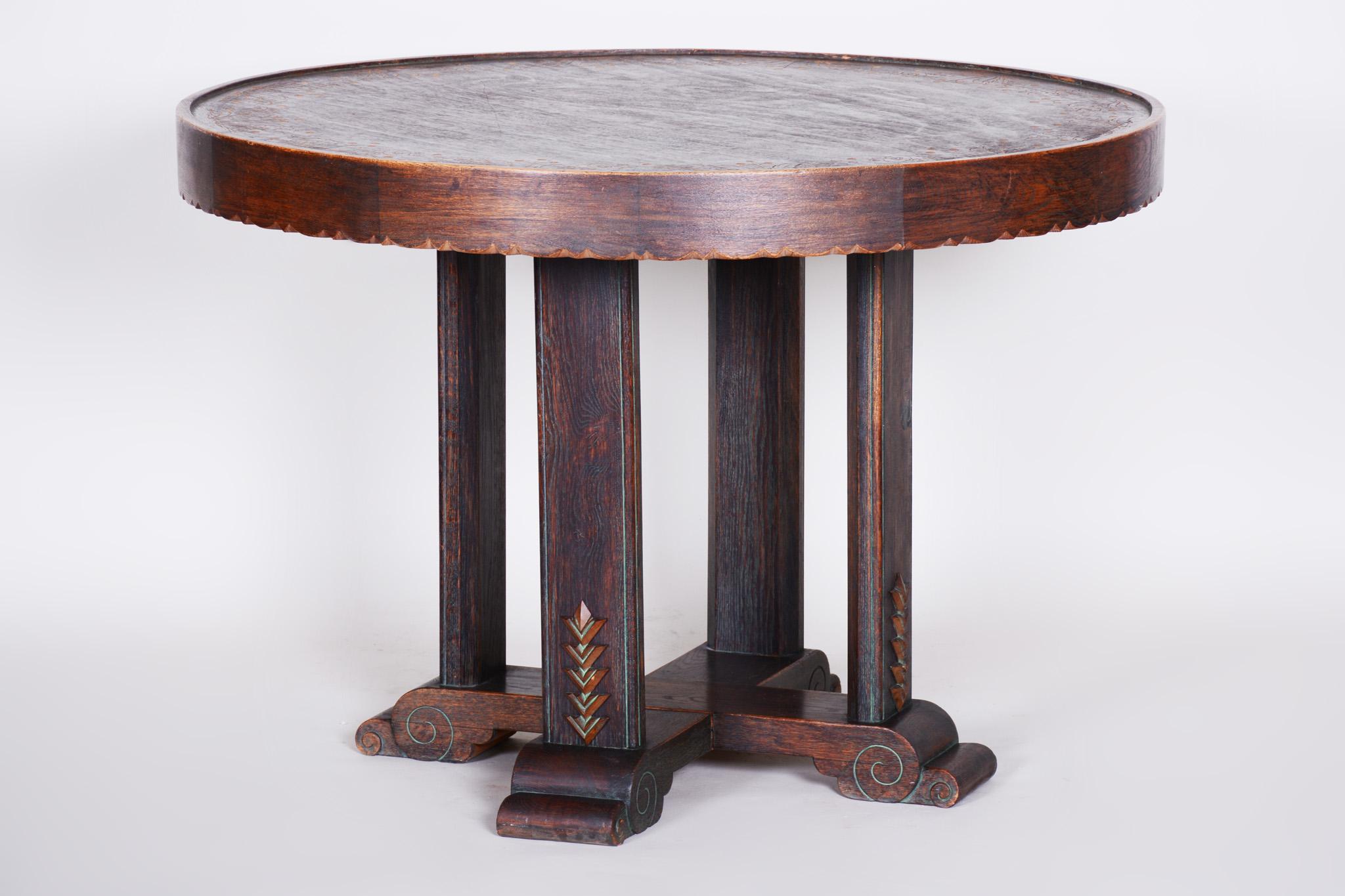 Unique Small Czech Oak Art Deco Round Table, Well preserved Condition, 1920s 1