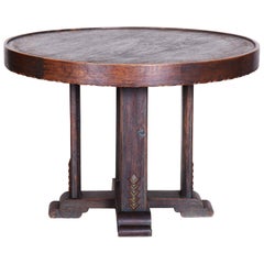 Unique Small Czech Oak Art Deco Round Table, Well preserved Condition, 1920s