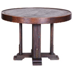 Antique Unique Small Czech Oak Art Deco Round Table, Well preserved Condition, 1920s