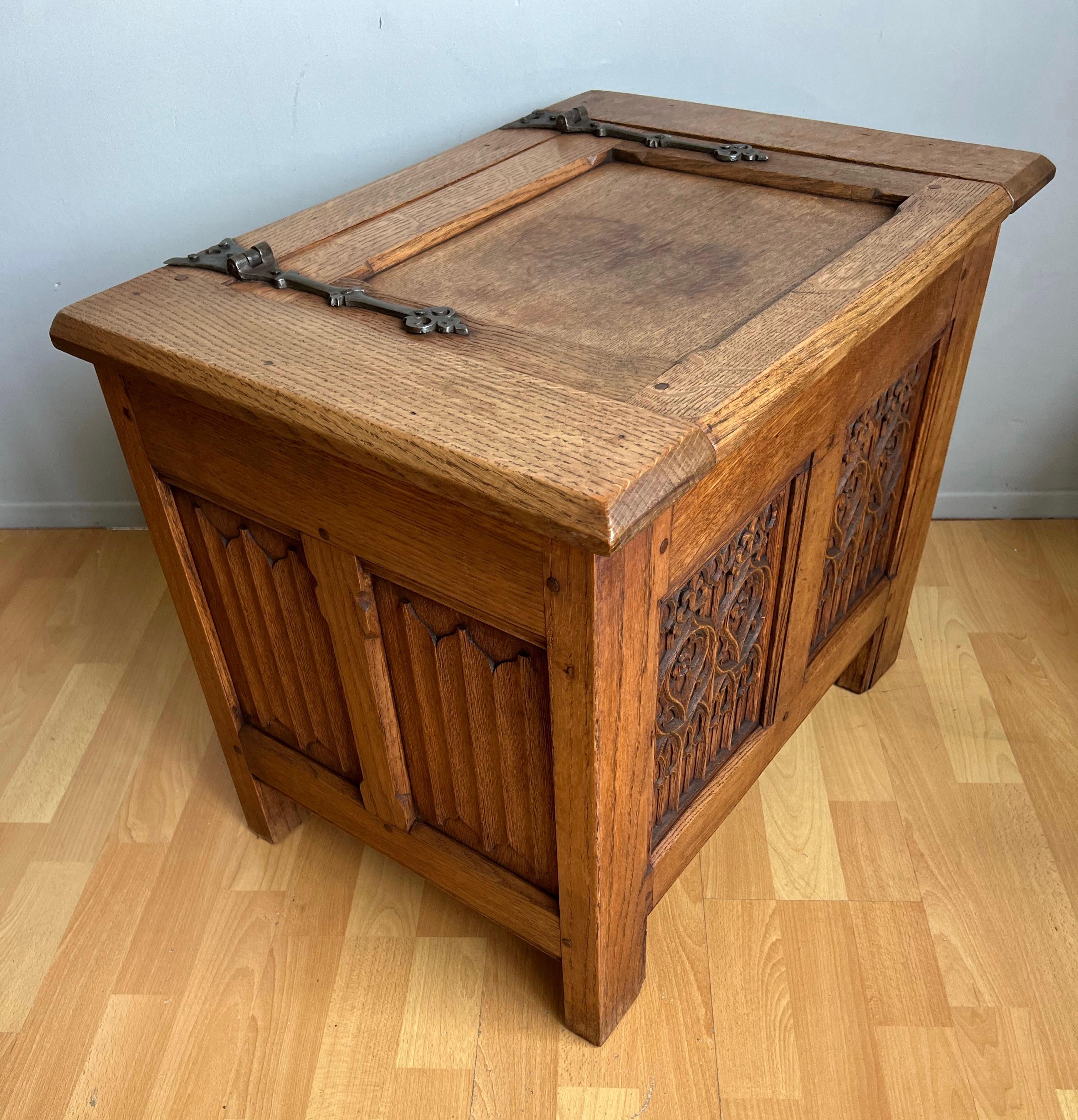 Unique Small Size & Quality Hand Carved Tiger Oak Gothic Revival Chest, 1920 For Sale 8