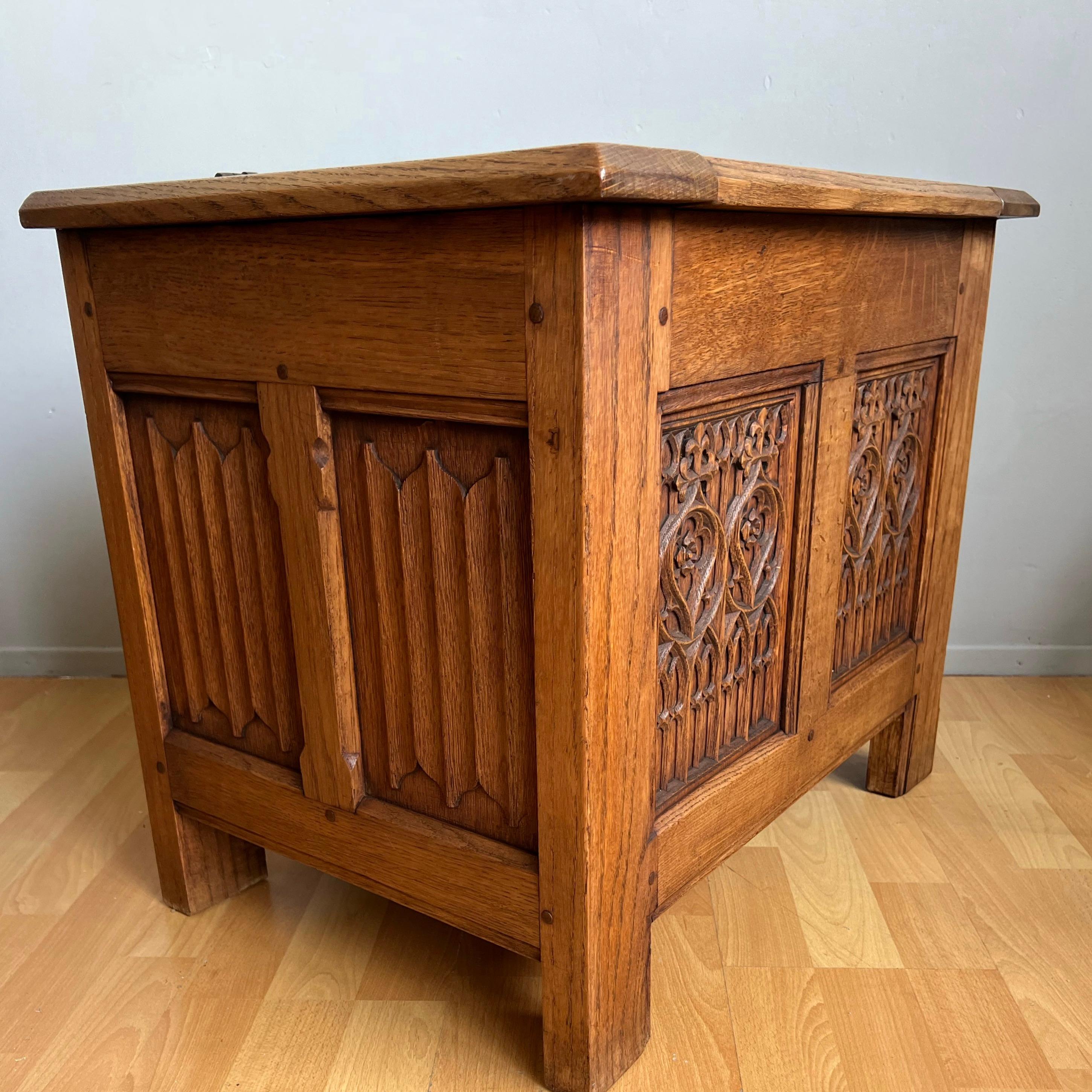 Unique Small Size & Quality Hand Carved Tiger Oak Gothic Revival Chest, 1920 For Sale 9