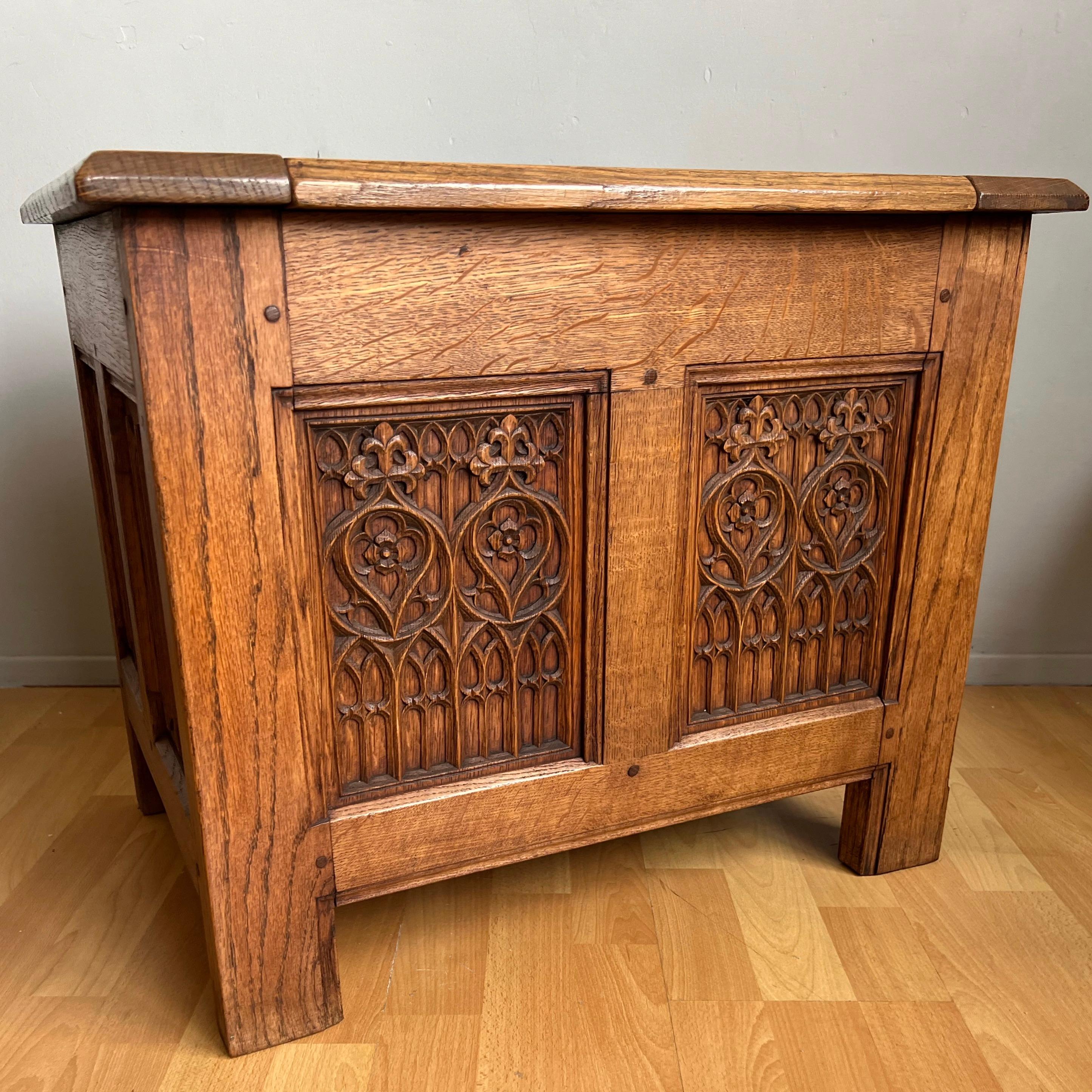 Unique Small Size & Quality Hand Carved Tiger Oak Gothic Revival Chest, 1920 For Sale 10
