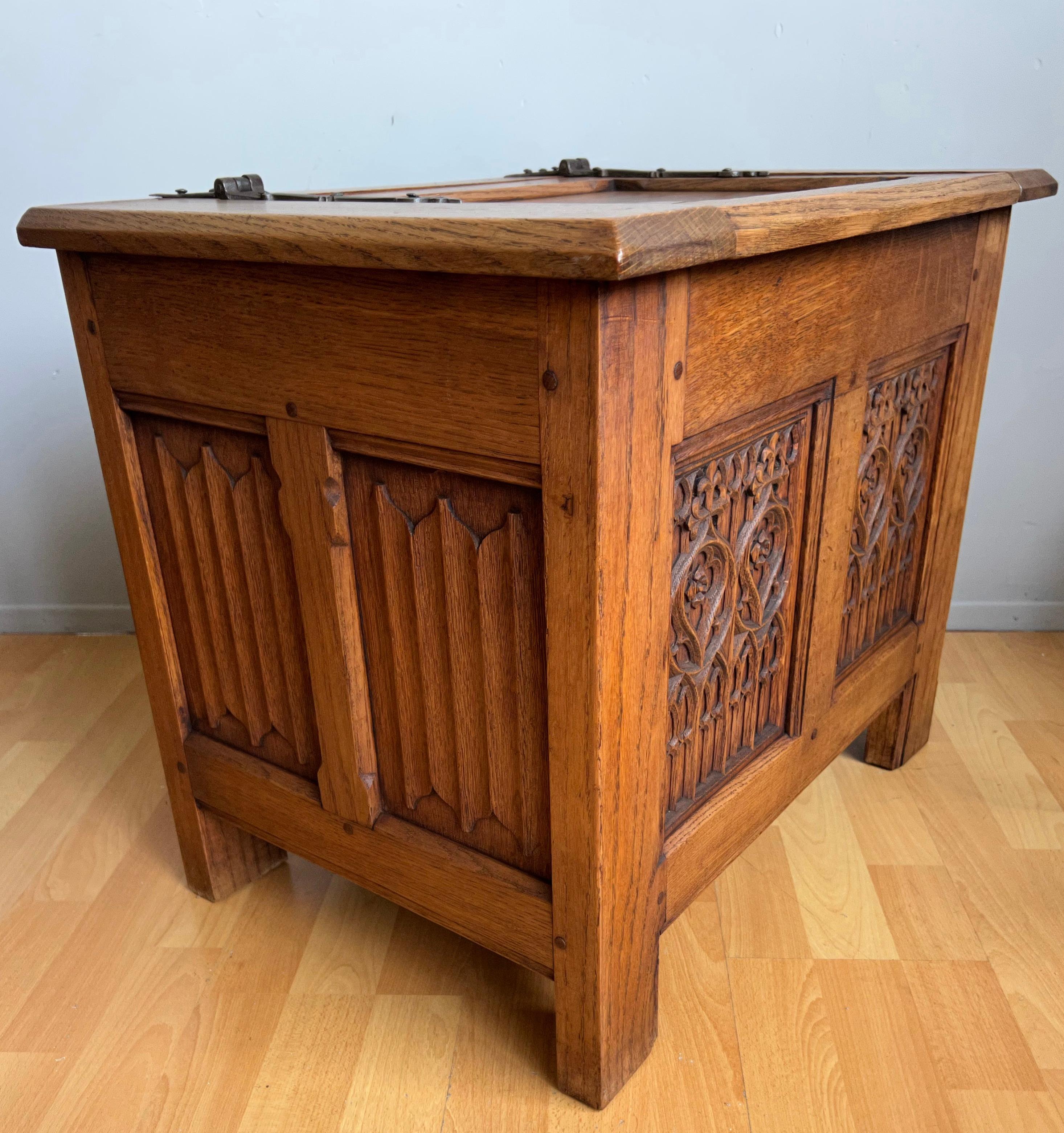 Unique Small Size & Quality Hand Carved Tiger Oak Gothic Revival Chest, 1920 For Sale 11
