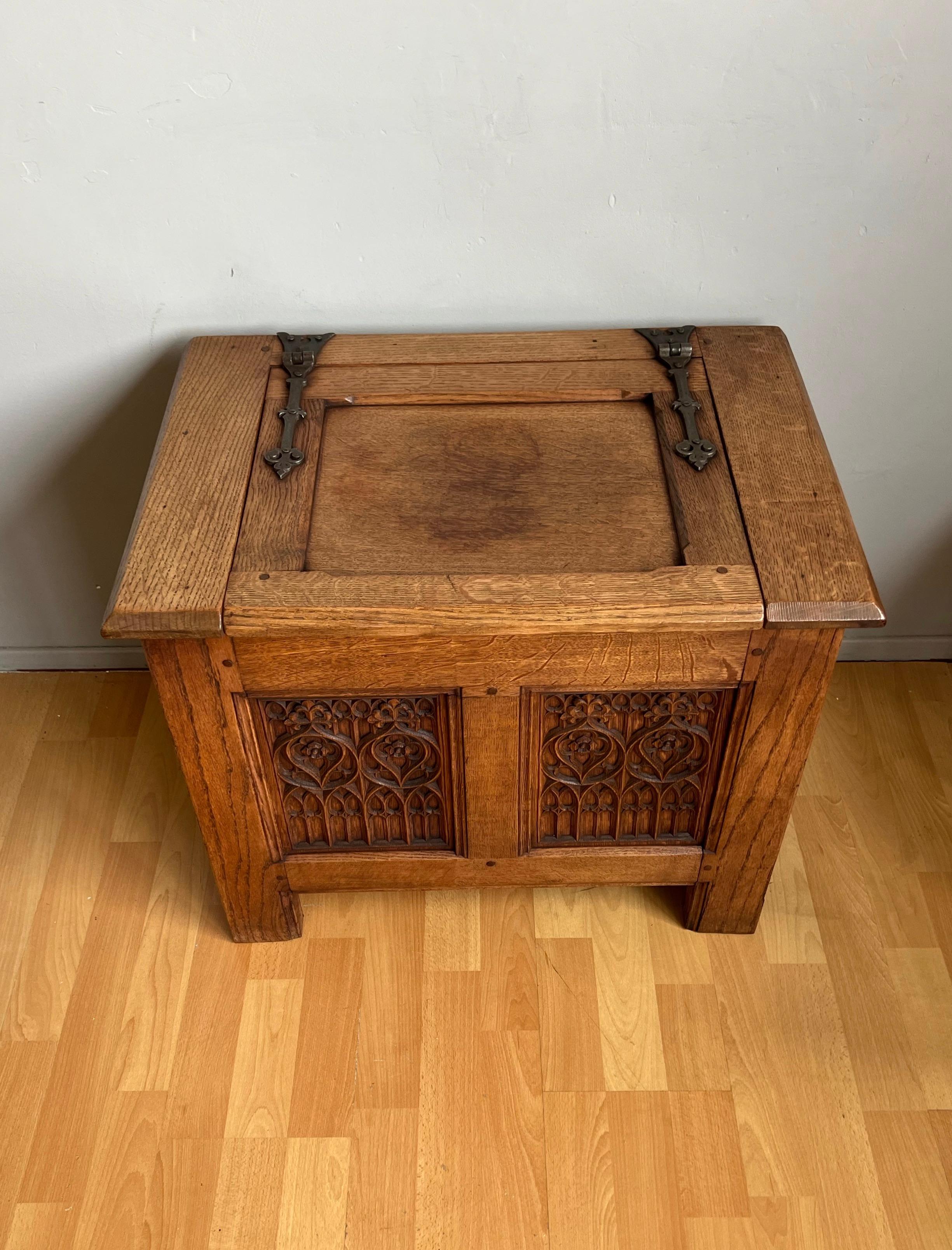 Hand-Carved Unique Small Size & Quality Hand Carved Tiger Oak Gothic Revival Chest, 1920 For Sale