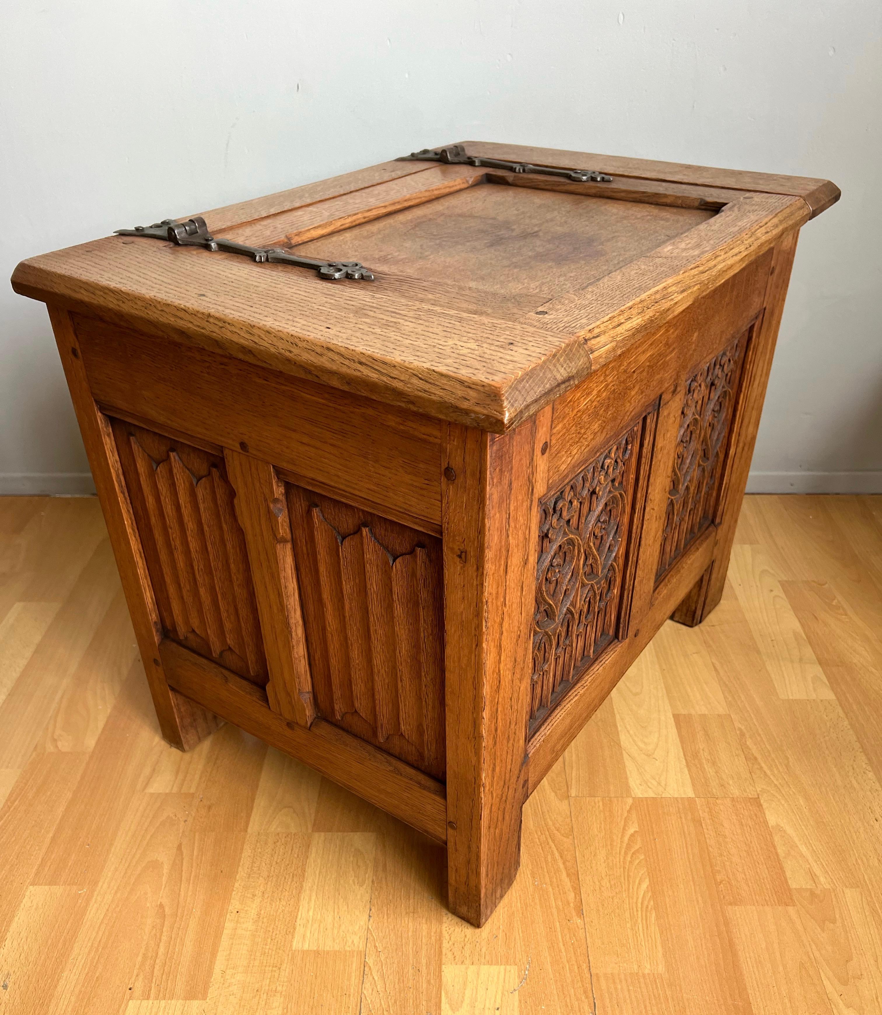 20th Century Unique Small Size & Quality Hand Carved Tiger Oak Gothic Revival Chest, 1920 For Sale