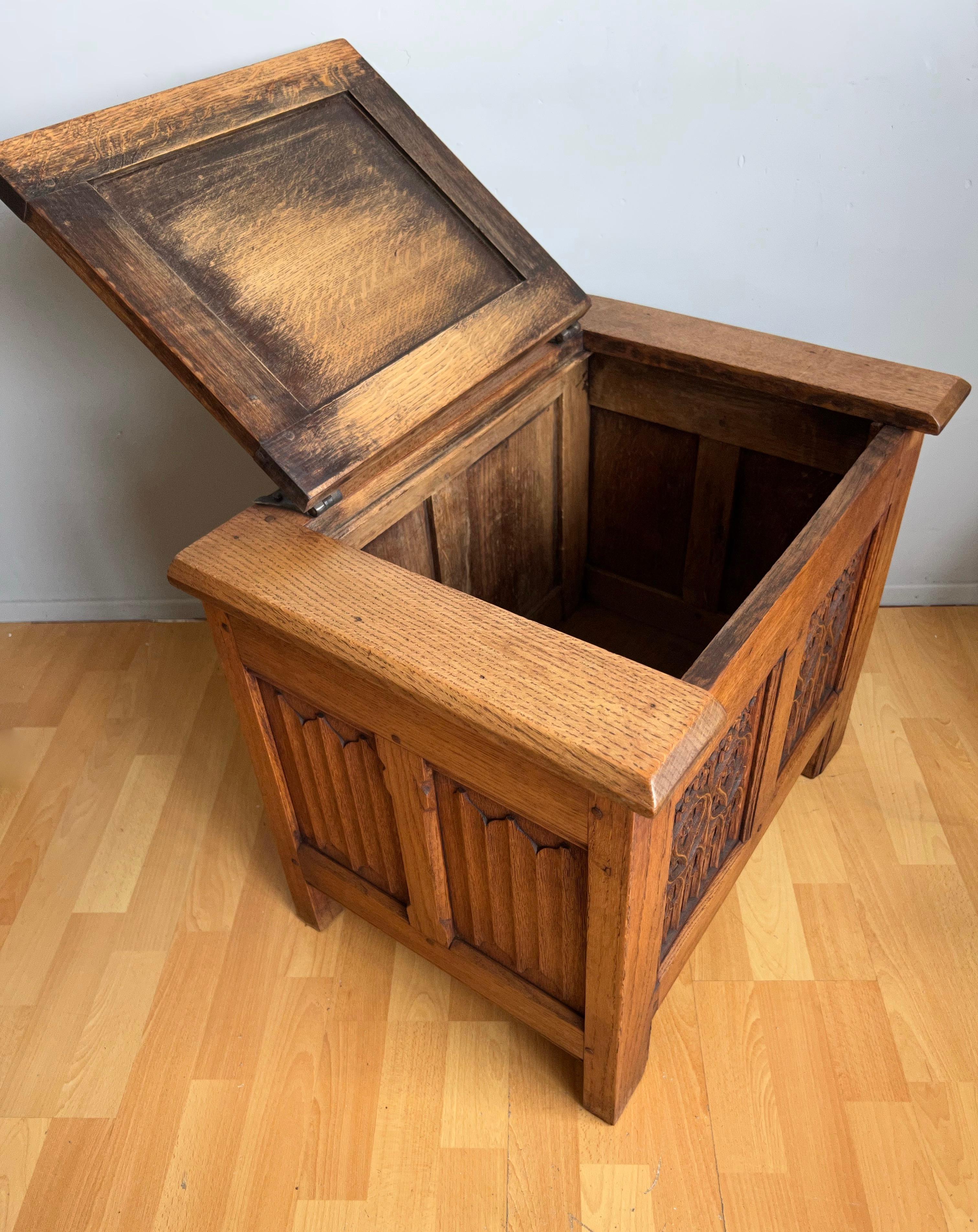 Unique Small Size & Quality Hand Carved Tiger Oak Gothic Revival Chest, 1920 For Sale 1