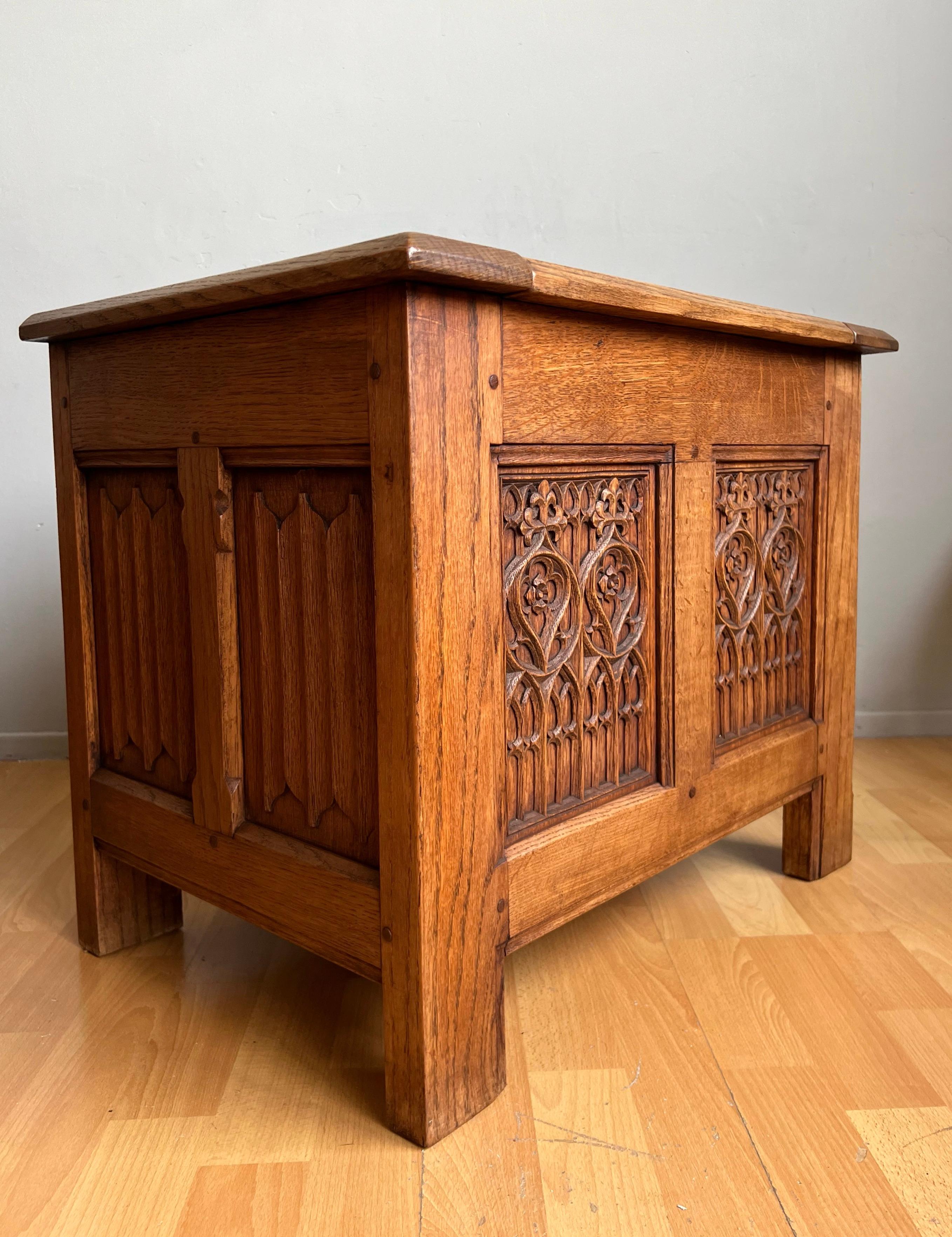 Unique Small Size & Quality Hand Carved Tiger Oak Gothic Revival Chest, 1920 For Sale 2