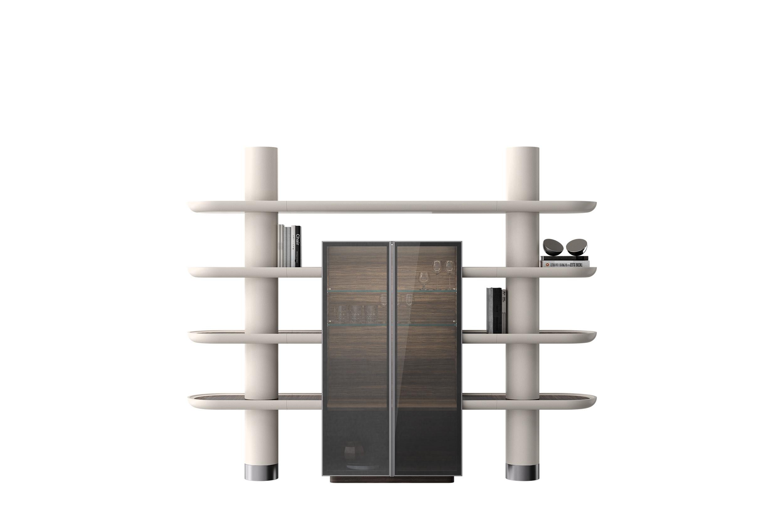 Unique, Smoked Eucalyptus Mina Int 2 Modular Bookcase Library Wall Units by Ultramobili
Dimensions:  W 240 x D 47.5 x H 194 cm
Materials: Smoked Eucalyptus.

Modular composition of bookcase with integrated storage unit in Smoked Eucalyptus. Two