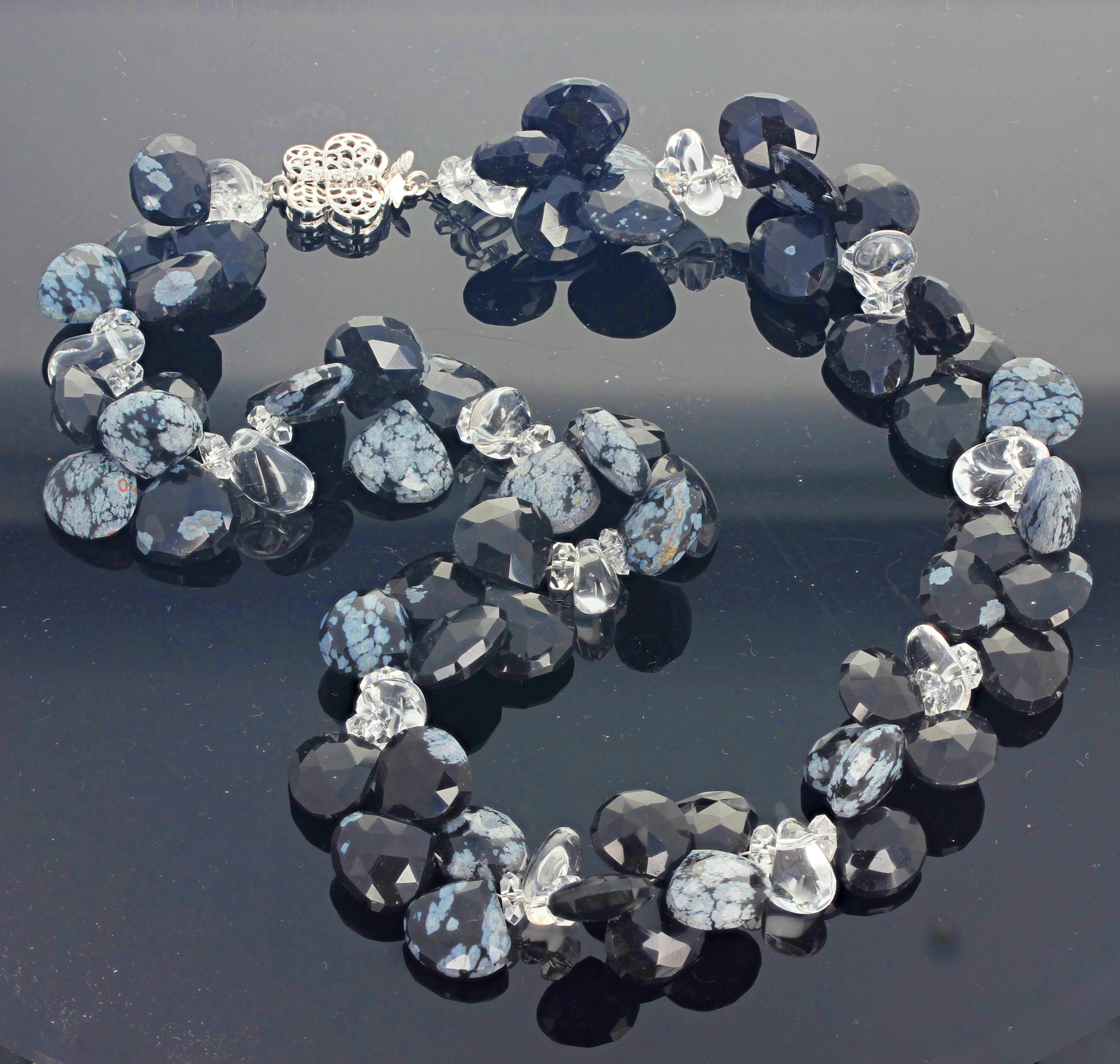 AJD Gorgeous Dramatic Unique Snowflake Obsidian Silvery White Quartz Necklace In New Condition In Raleigh, NC
