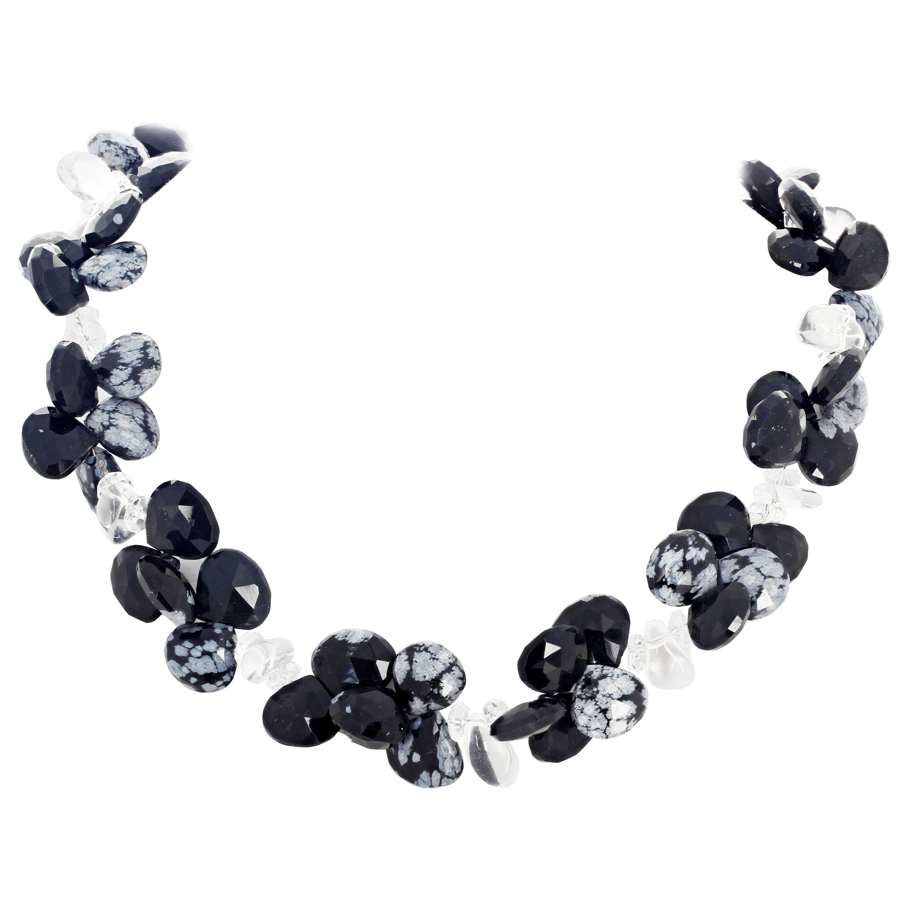 AJD Gorgeous Dramatic Unique Snowflake Obsidian Silvery White Quartz Necklace