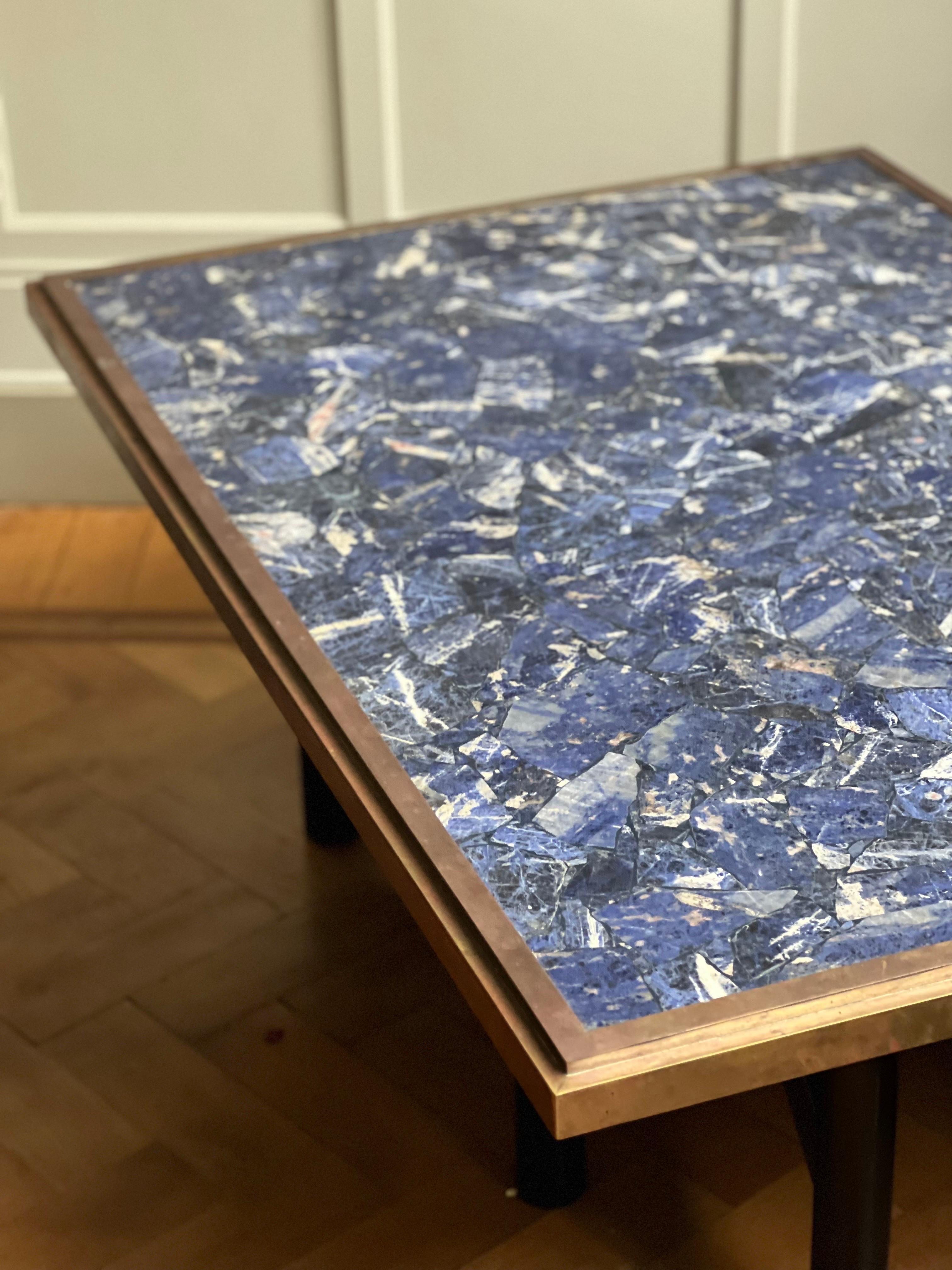 Unique Sodalite coffee table with brass frame in the taste of Ado Chale 1970's For Sale 6
