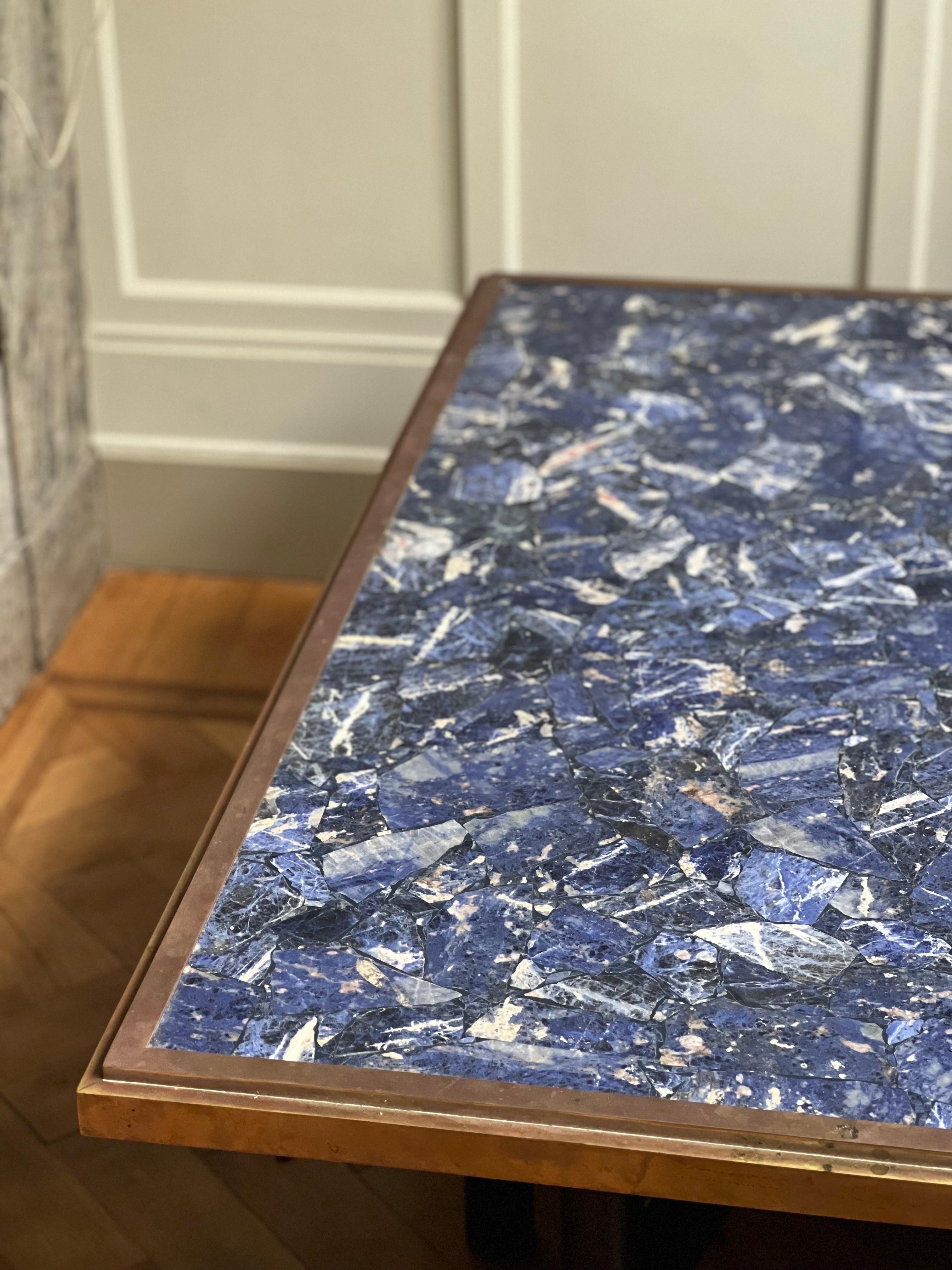 Unique Sodalite coffee table with brass frame in the taste of Ado Chale 1970's For Sale 7