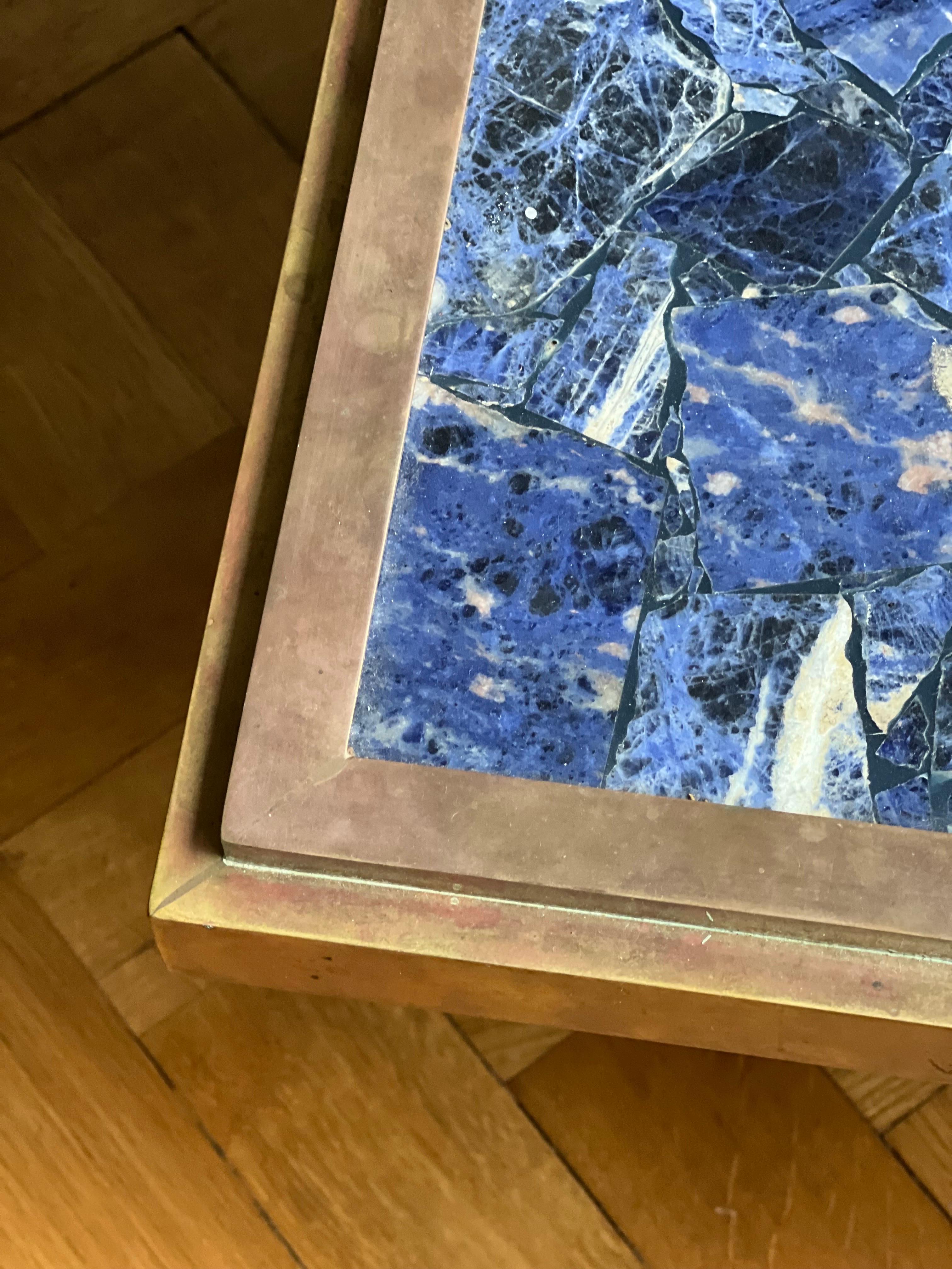 Multi-gemstone Unique Sodalite coffee table with brass frame in the taste of Ado Chale 1970's For Sale