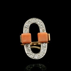 Unique Solid Gold Square Coral & 0.45ctw Diamond Open Oval Geometric Ring
