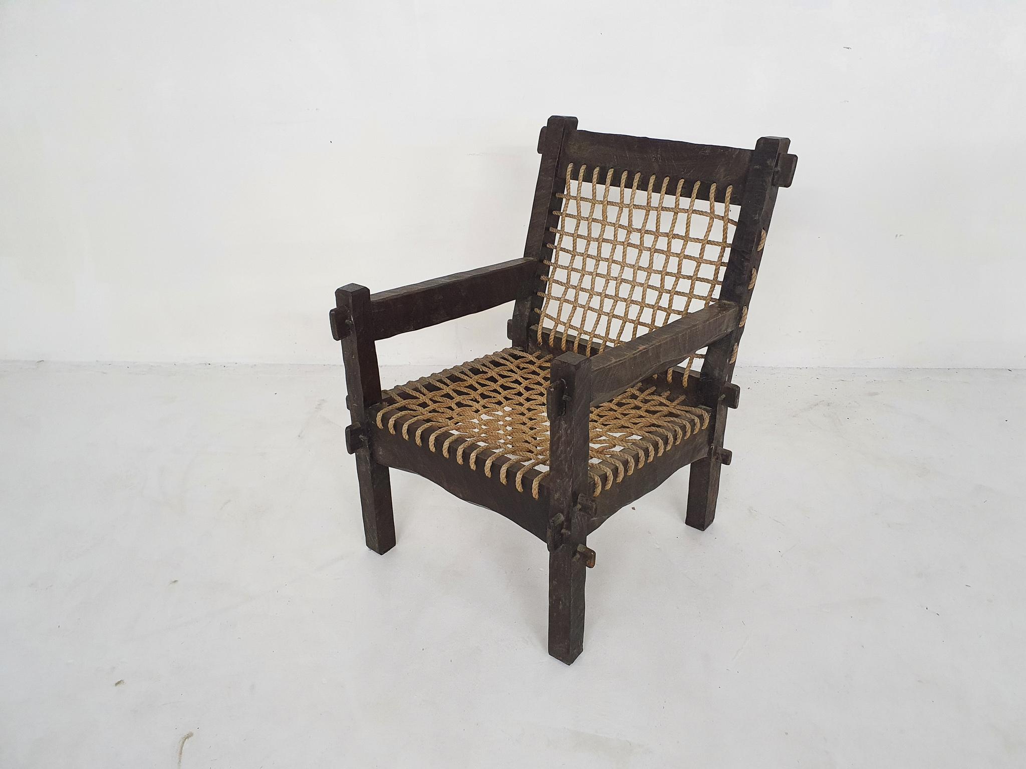 Dutch Unique Solid Oak and Rope Lounge Chair, the Netherlands, 1960's For Sale