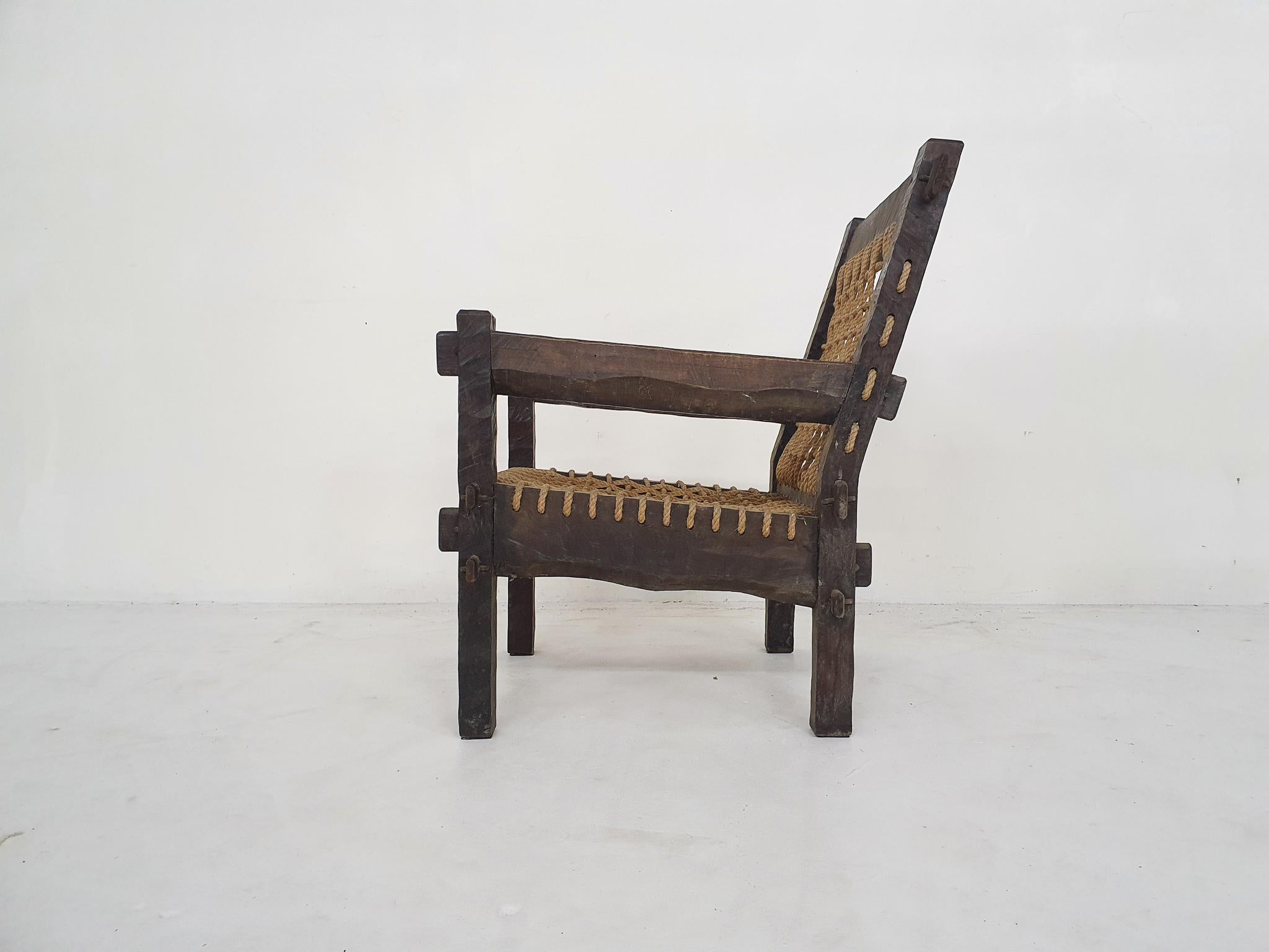 20th Century Unique Solid Oak and Rope Lounge Chair, the Netherlands, 1960's For Sale