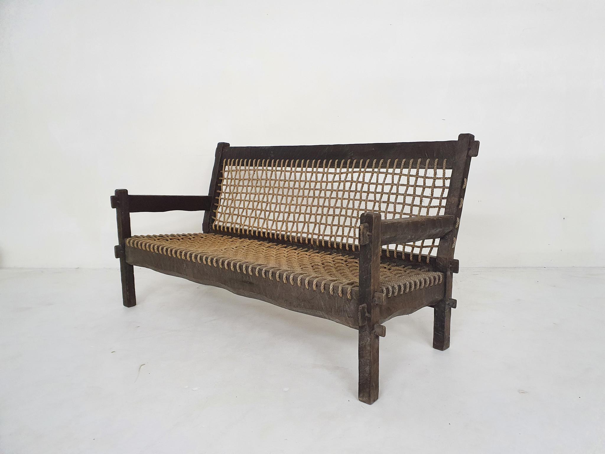 Dutch Unique solid oak and rope sofa, The Netherlands 1960's For Sale