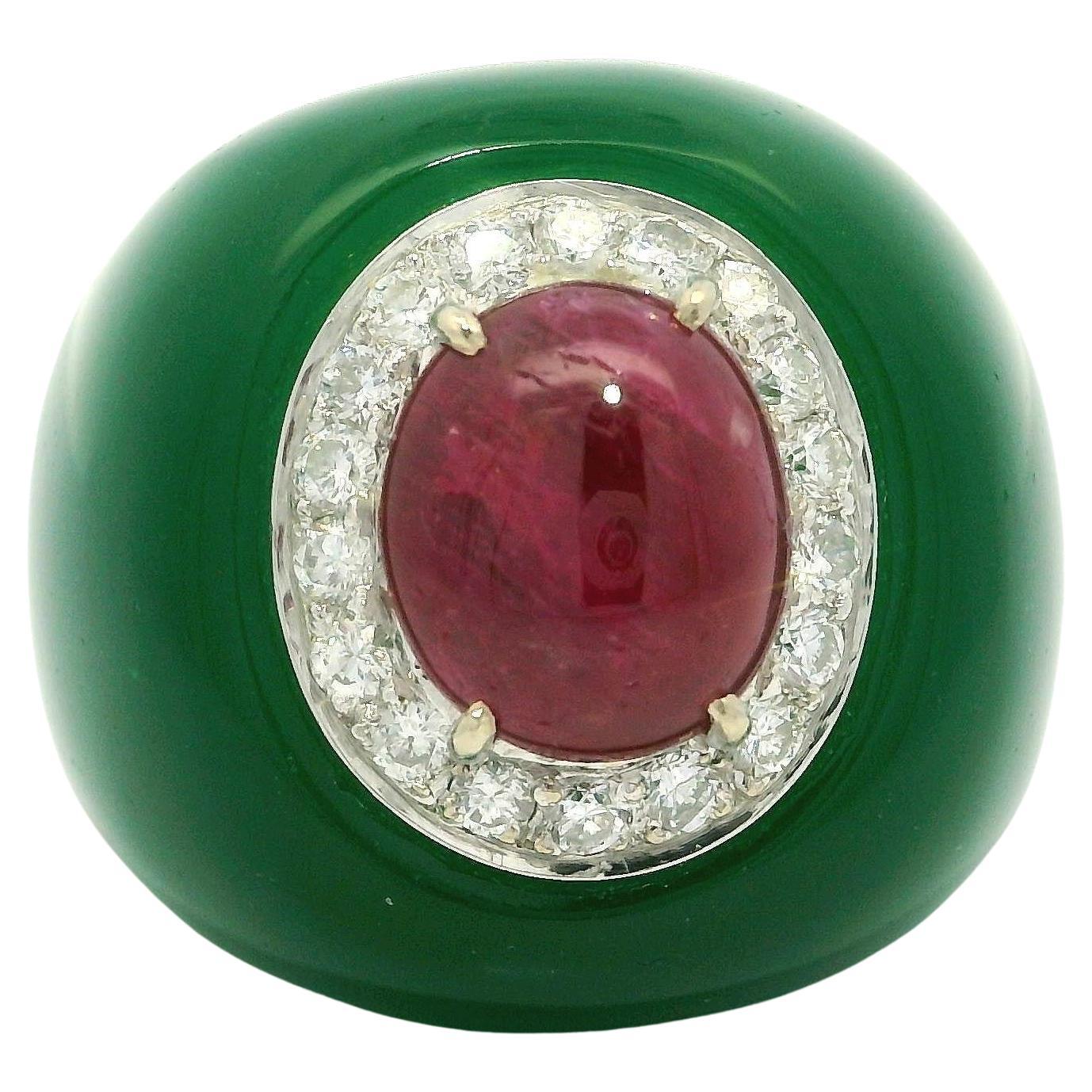 Einzigartiger kühner Bombe-Ring aus massivem Gelbgold Rubin Diamant & grünem Onyx Größe 7,5 im Angebot