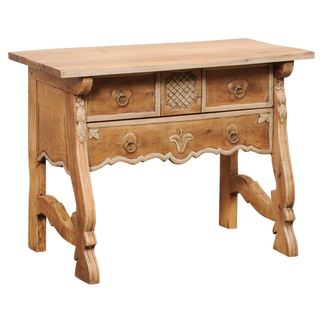 Unique Spanish Carve-Wood Chest Console Raised on Trestle Legs, Mid 20th C. For Sale