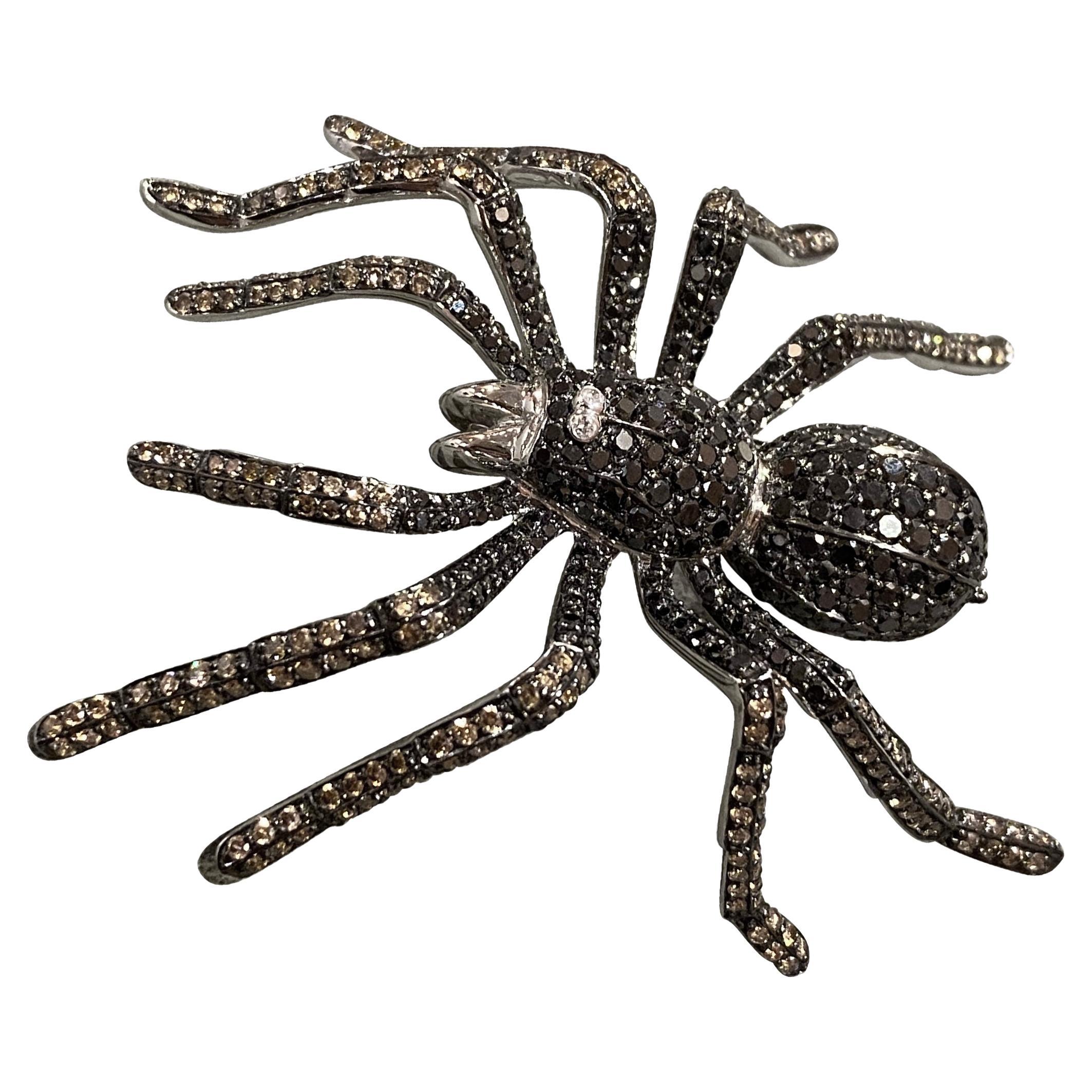 Unique Spider Black Diamond 18K Gold Brooch For Her For Sale
