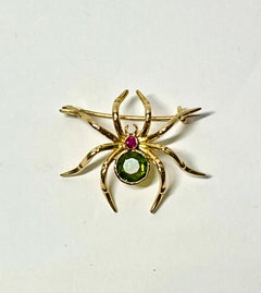 Unique Spider Brooch Peridot Ruby 18ct Yellow Gold with Valuation