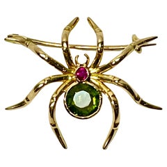 Unique Spider Brooch Peridot Ruby 18ct Yellow Gold with Valuation