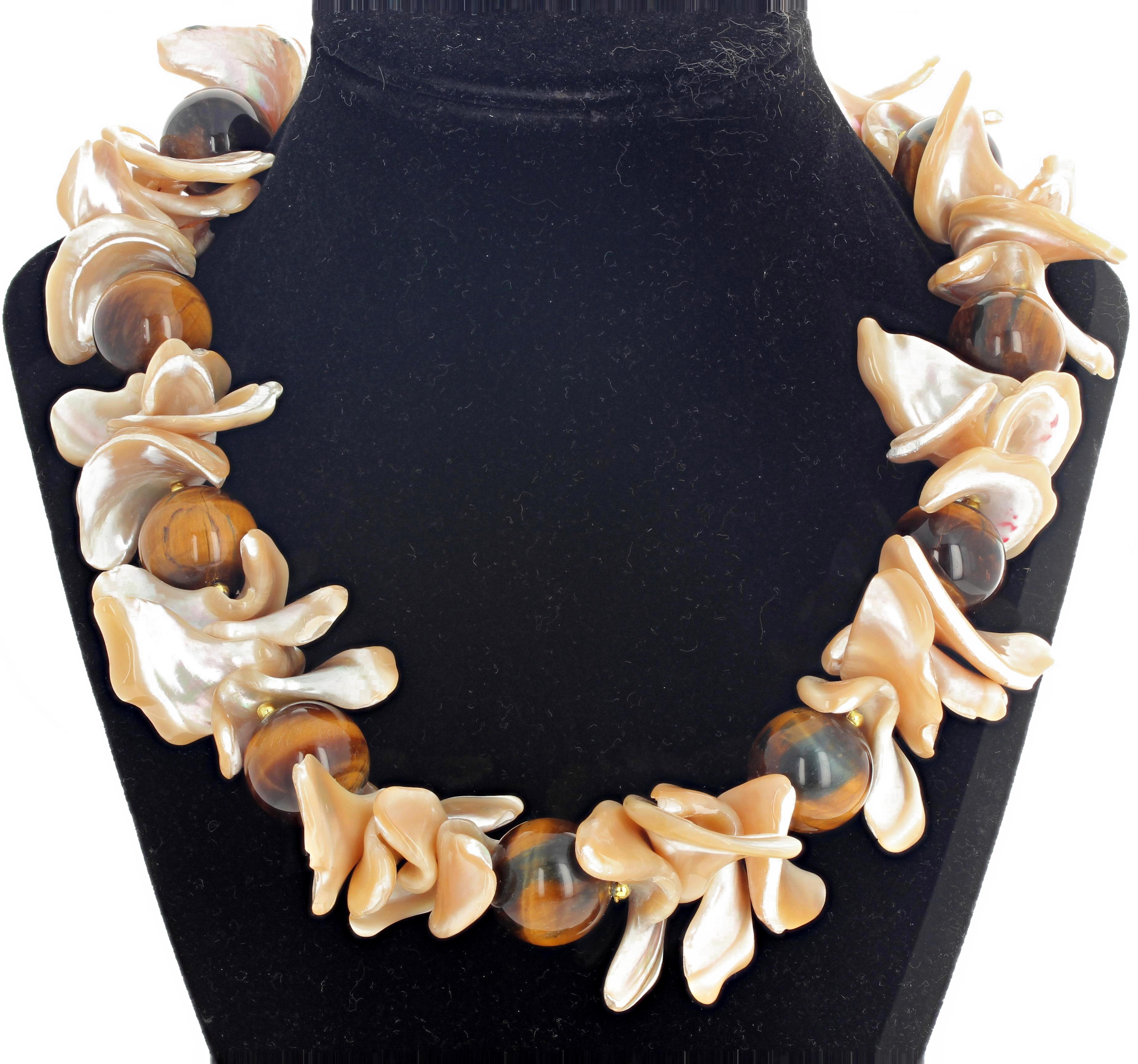 Beautiful pearl Shells swoop gracefully artistically around these glowing goldy tone polished Tiger Eye gem stones set in a 20 inch long necklace set with a gold tone hook clasp.  You can flipflop the shells in different directions for different