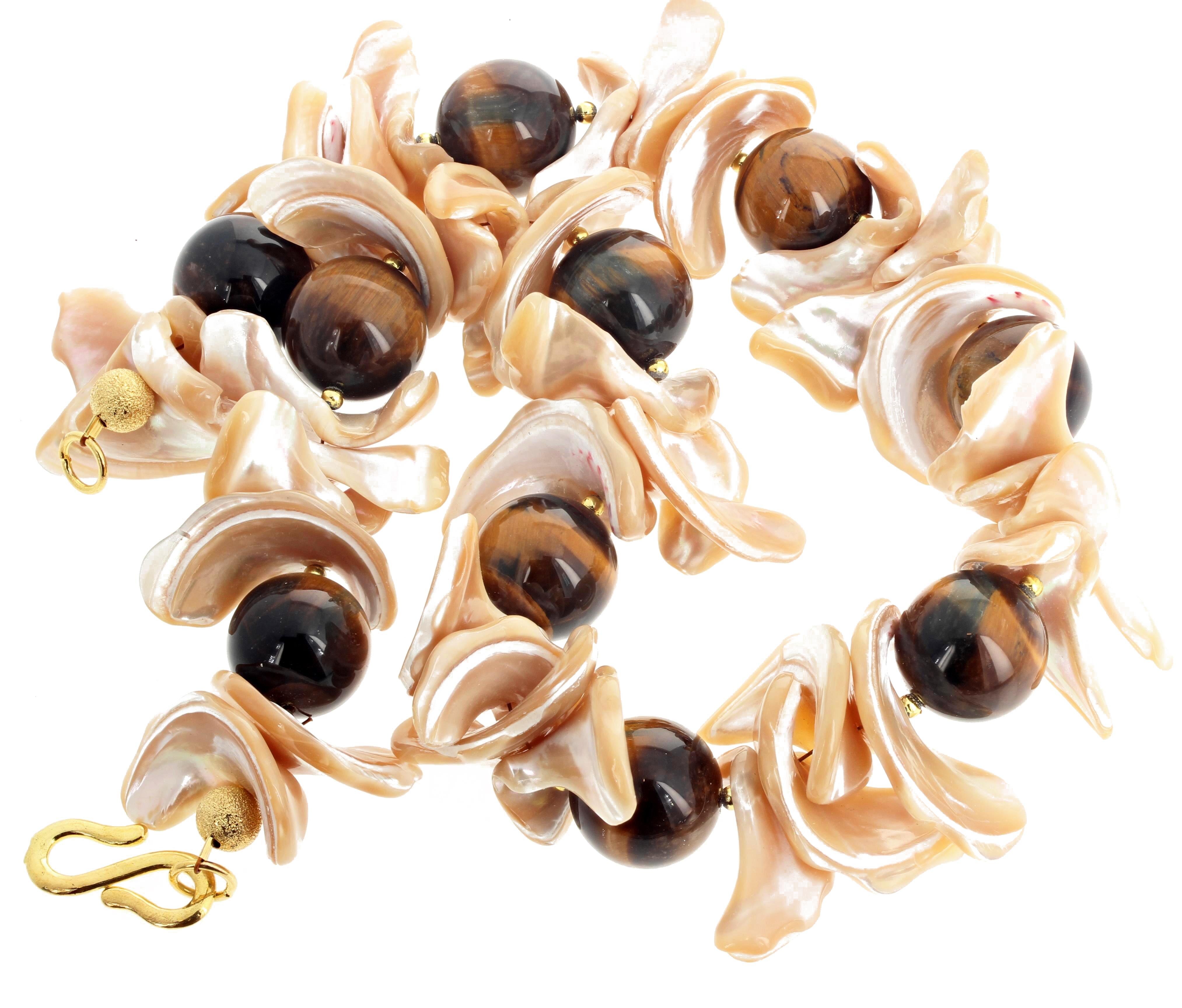 Mixed Cut AJD Elegant Dramatic Natural Golden Cream Color Shell & Tiger Eye Necklace For Sale
