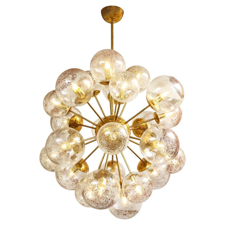 Unique Sputnik-Style Chandelier in Polished Brass with Glass Globes 2022 For Sale