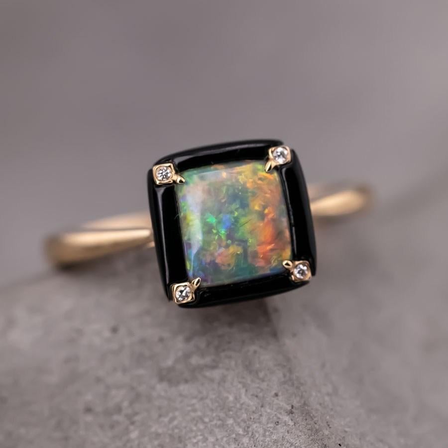 Einzigartiger quadratischer schwarzer Opal-Achat-Diamant-Verlobungsring 18K Gelbgold (Brillantschliff)