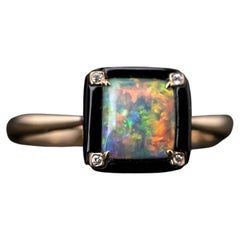Einzigartiger quadratischer schwarzer Opal-Achat-Diamant-Verlobungsring 18K Gelbgold