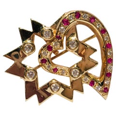 Decagram "Star of My Heart" Ruby and Diamond Yellow Gold Enhancer Pendant Brooch