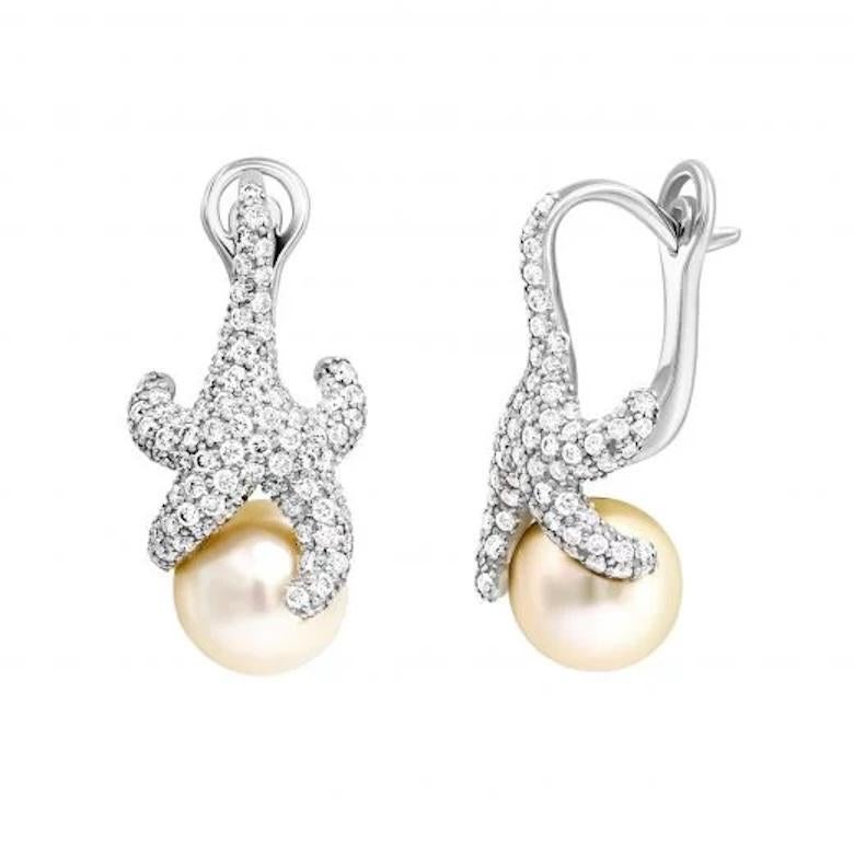 Unique Starfish Diamond Mother of Pearl White 14k Gold Earrings for Her In New Condition For Sale In Montreux, CH