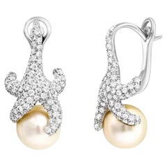 Boucles d'oreilles uniques en or 14k pour elle avec étoile de mer et diamant en nacre blanche