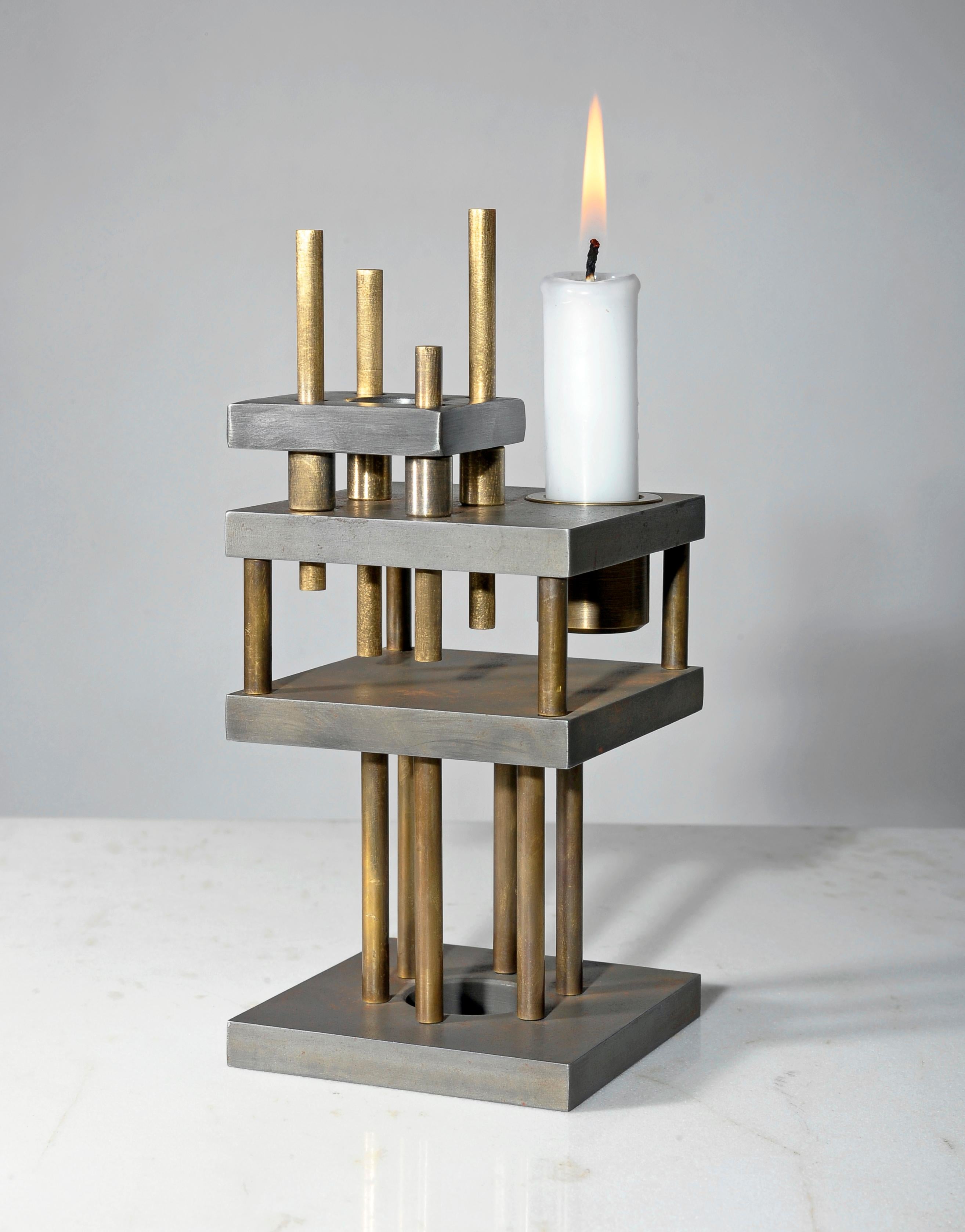 European Unique Steel and Brass Candleholder “Brut”, Signed by Lukasz Friedrich For Sale
