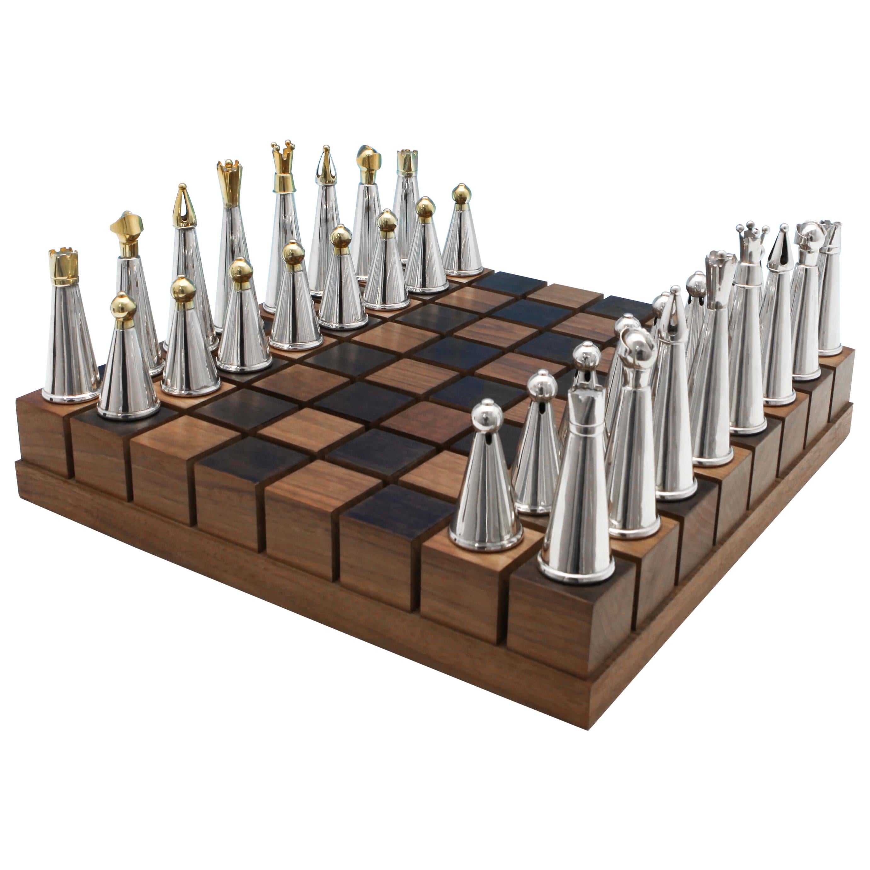 Unique Modernist Sterling Silver Chess Set on American Walnut - Michael Benstead