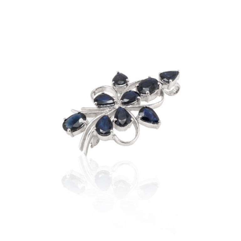 Art Deco Unisex Designer Sterling Silver Blue Sapphire Flower Brooch For Sale