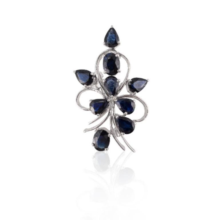 Unisex Designer Sterling Silver Blue Sapphire Flower Brooch In New Condition For Sale In Houston, TX