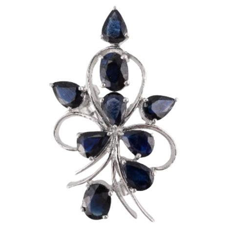 Unisex Designer Sterling Silver Blue Sapphire Flower Brooch For Sale