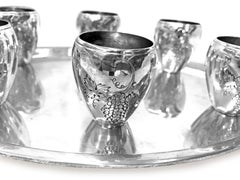 Unique Sterling Silver Liquor Set of 6 Cups and 1 Oval Tray