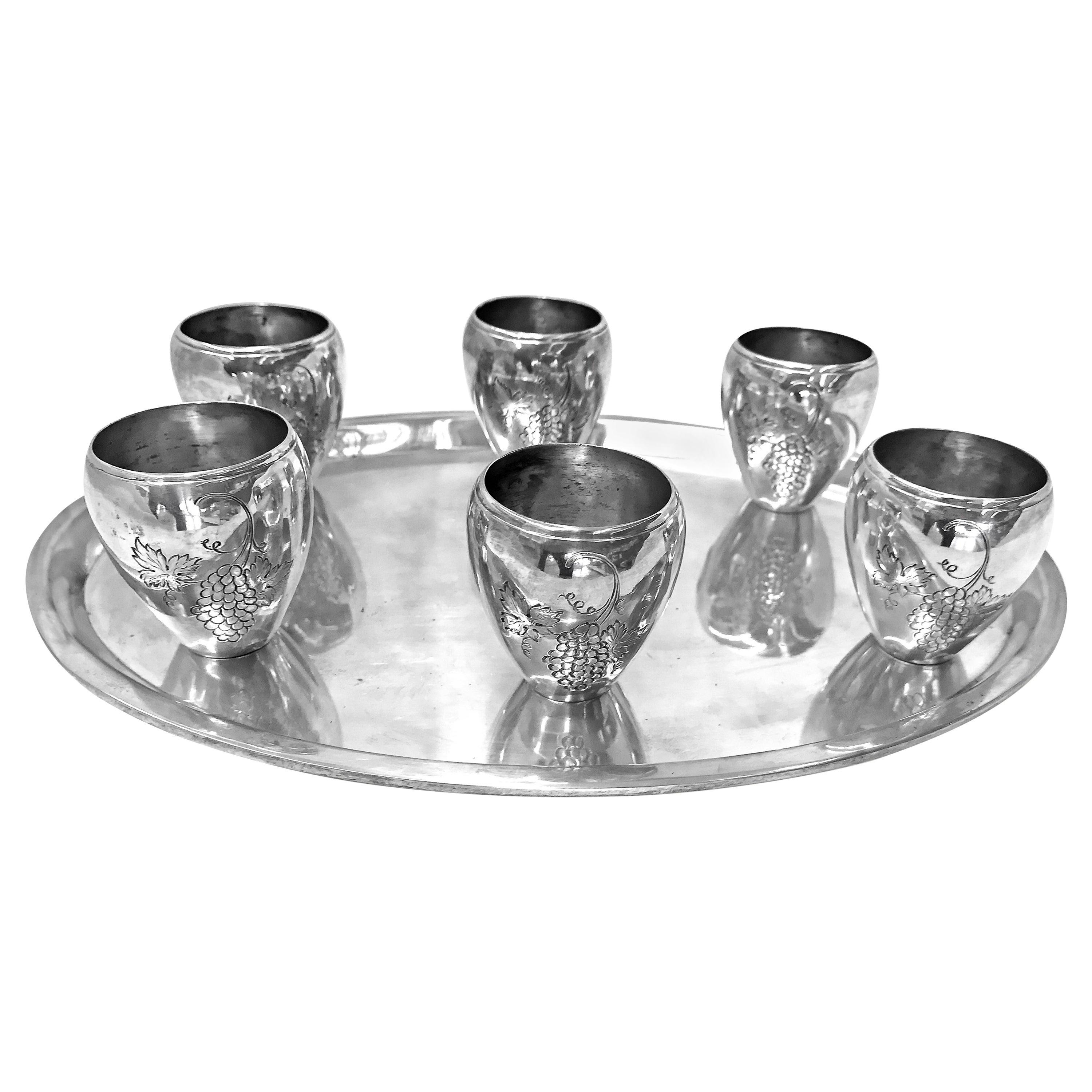 Unique Sterling Silver Liquor Set of 6 Cups and 1 Oval Tray For Sale