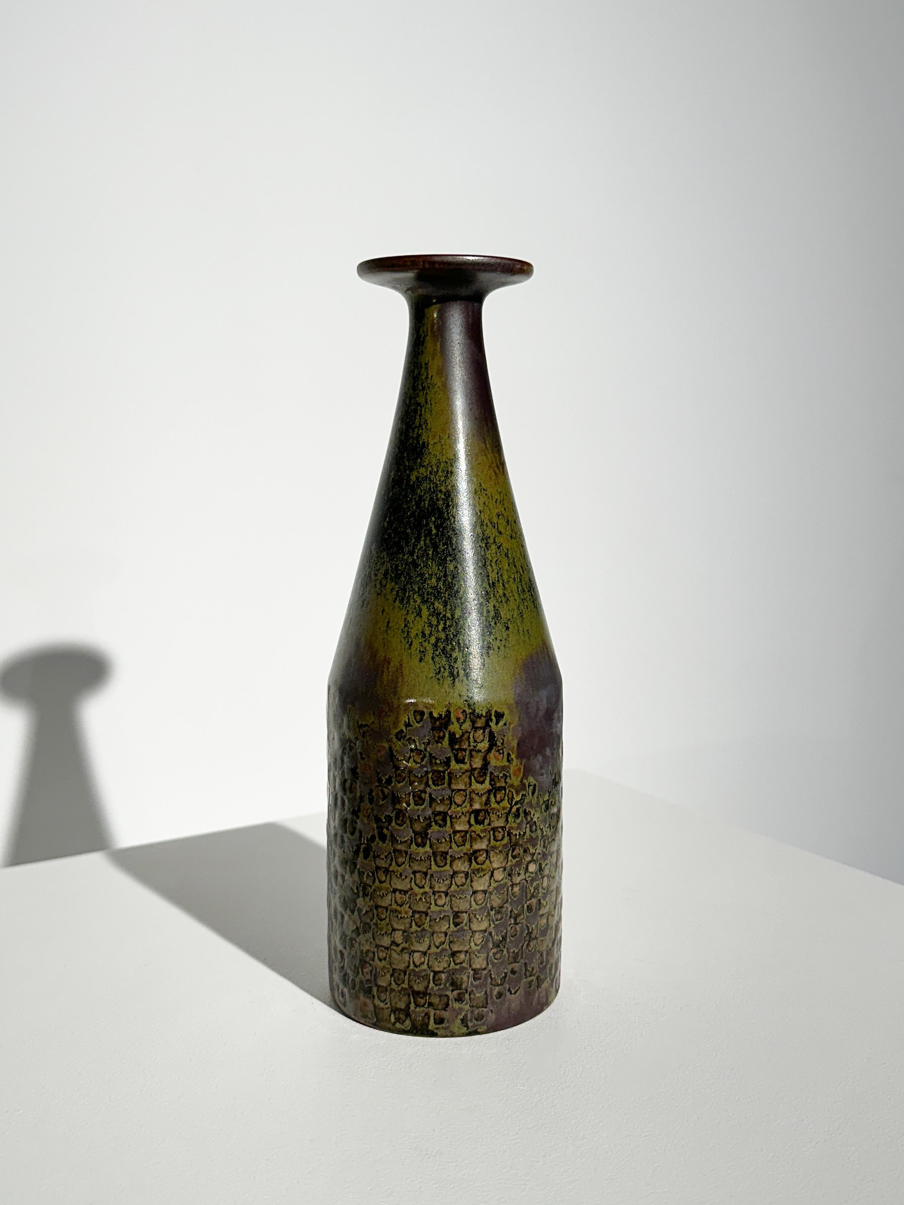 Scandinavian Modern Unique Stig Lindberg Vase Gustavsberg Stoneware Checker Pattern Glaze 1960s For Sale