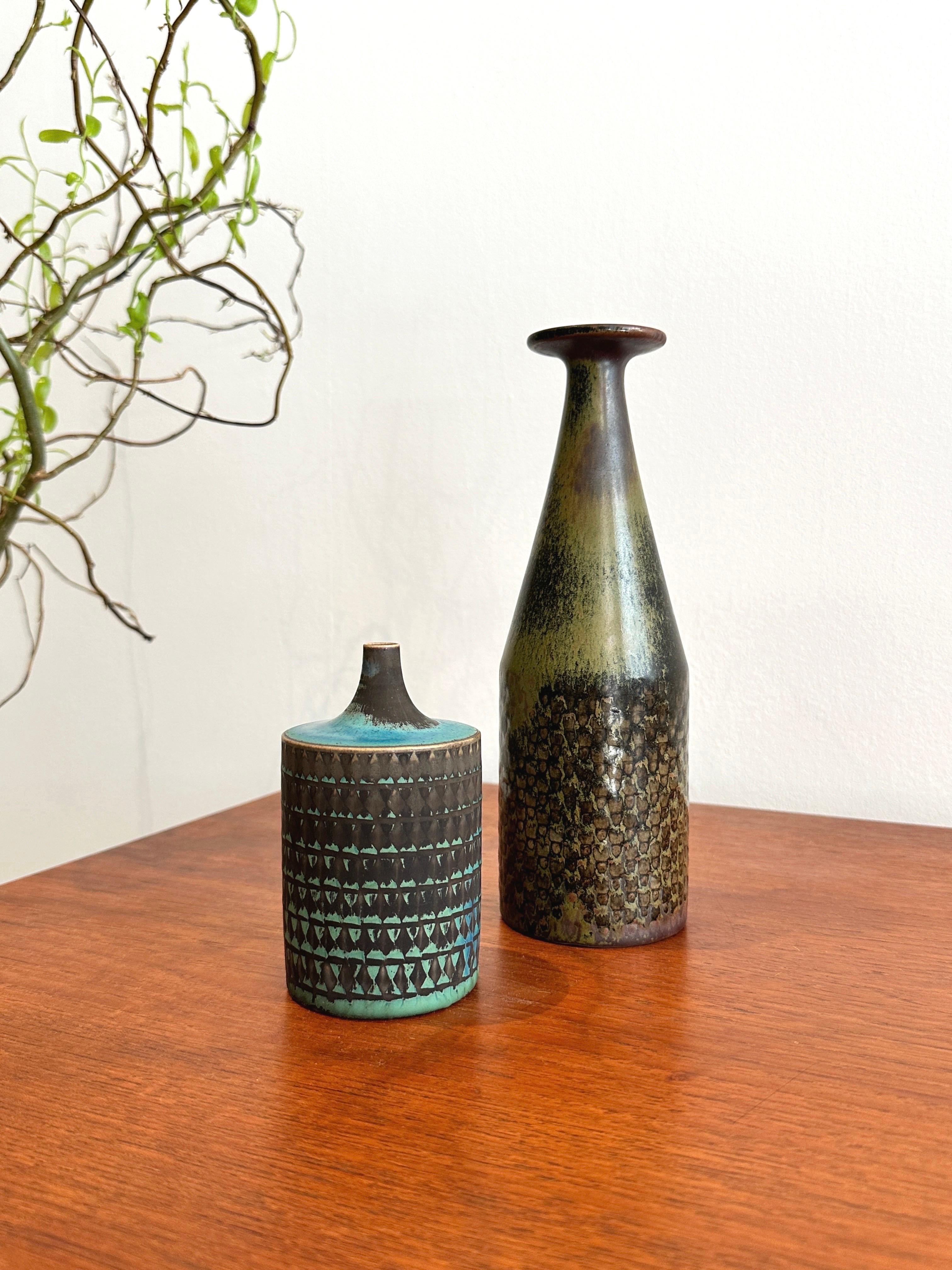 Swedish Unique Stig Lindberg Vase Gustavsberg Stoneware Checker Pattern Glaze 1960s For Sale