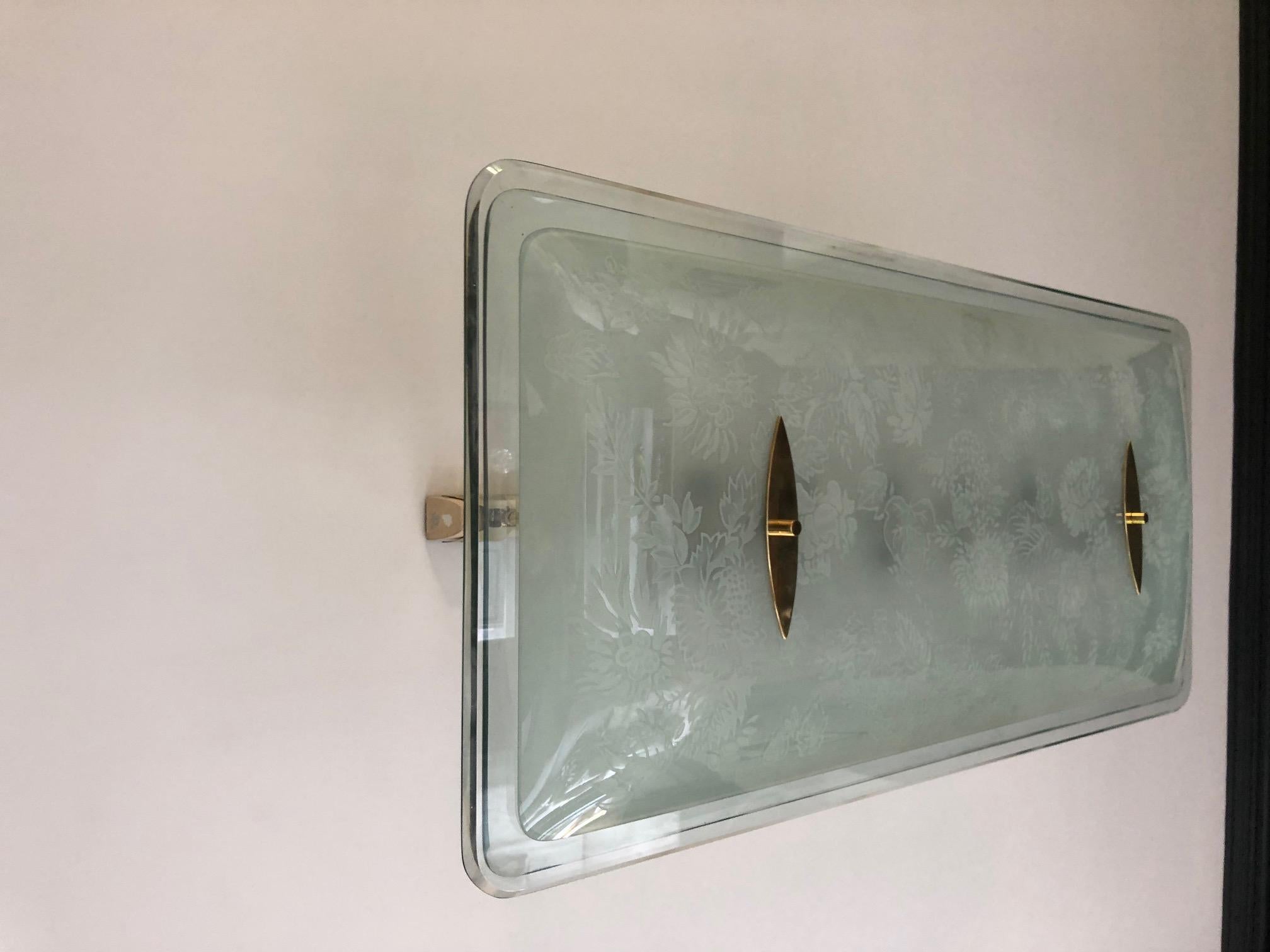 Mid-Century Modern Giovanni Gariboldi Italian etched crystal glass and brass 1940s Light Fixture For Sale