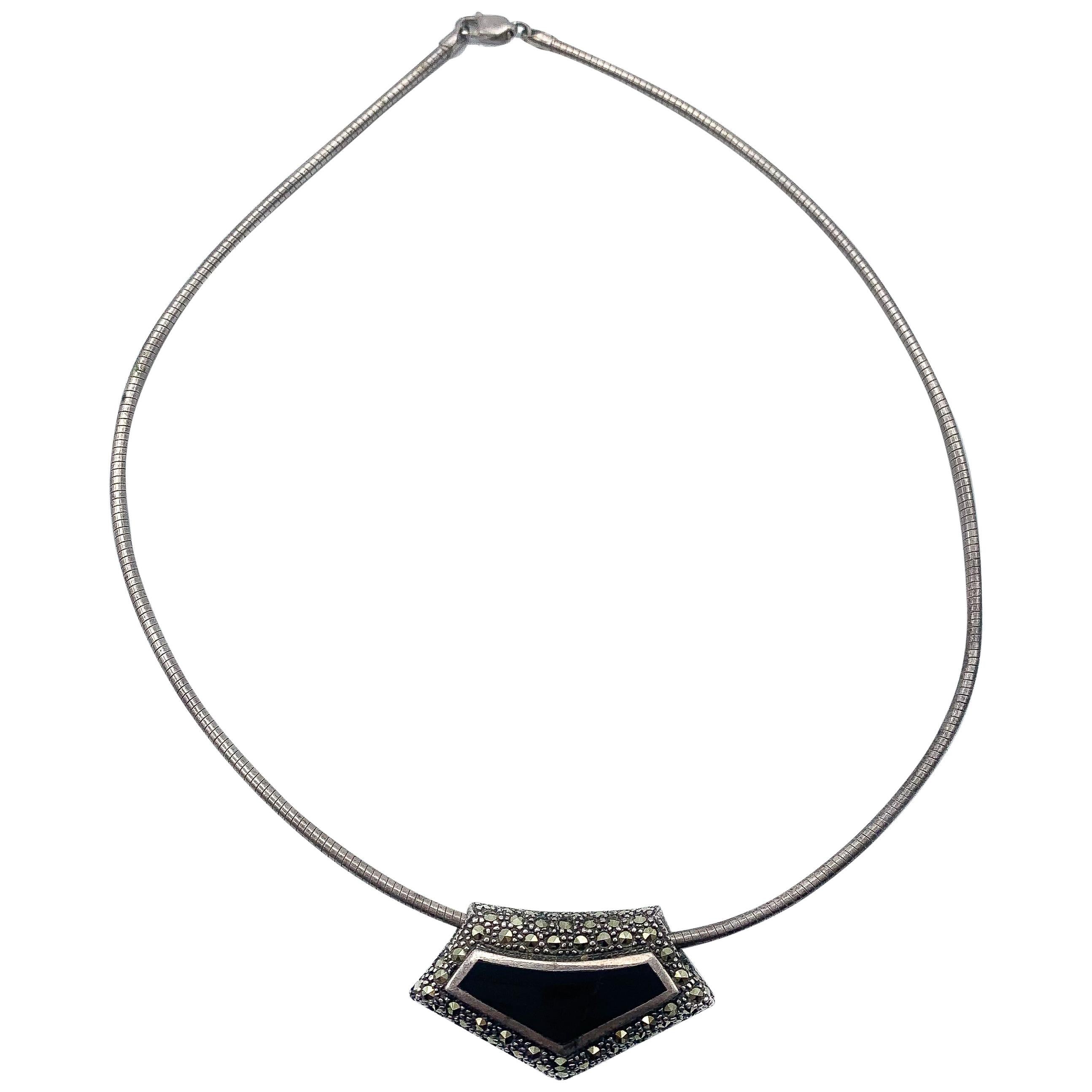 Vintage Style Sterling Silver Marcasite and Black Glass Pendant