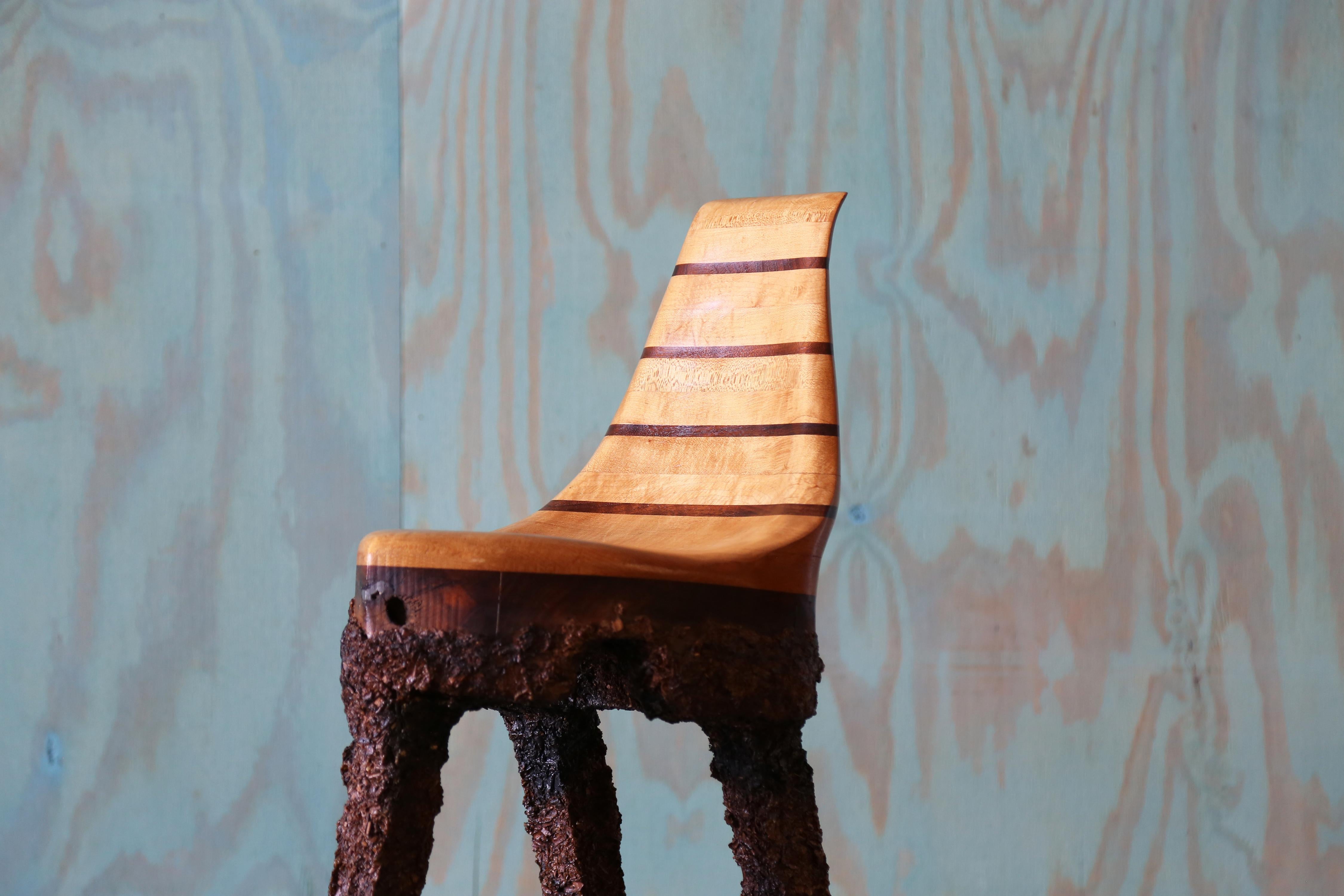 Unique Studio Craft Wood Chip Tripod Leg Chair Birch and Walnut In Good Condition For Sale In Virginia Beach, VA