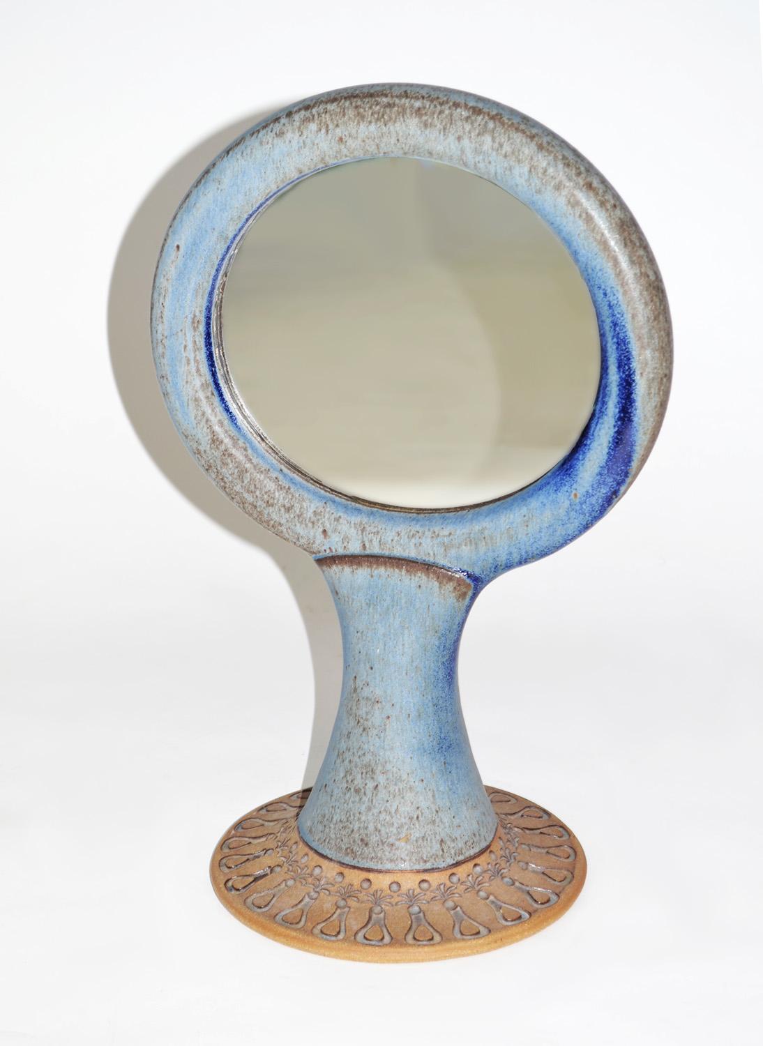 Mid-Century Modern Unique Studio Pottery Glazed Ceramic Two Sided Vanity or Table Mirror, 1960s For Sale